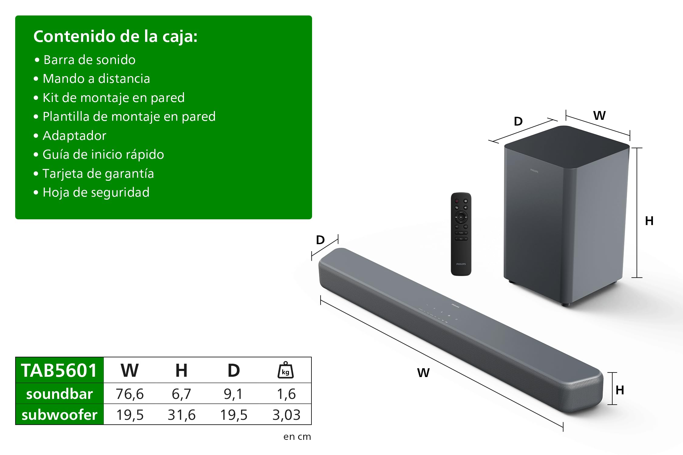 PHILIPS TAB5601 2.1 Barra Sonido con Subwoofer inal., Salida máx. 290W, Dolby Digital Plus, DTS Virtual:X, Sonido IA Intellisound, Bluetooth LE 5.4, HDMI ARC, Entradas ópticas y USB – Gris Metalizado