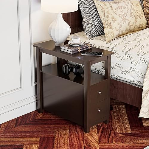 Miniatura 5 de Oteymart Mesa auxiliar para silla, mesa auxiliar estrecha, mesa auxiliar rectangular con cajones y estante para sala de estar, muebles de mesa