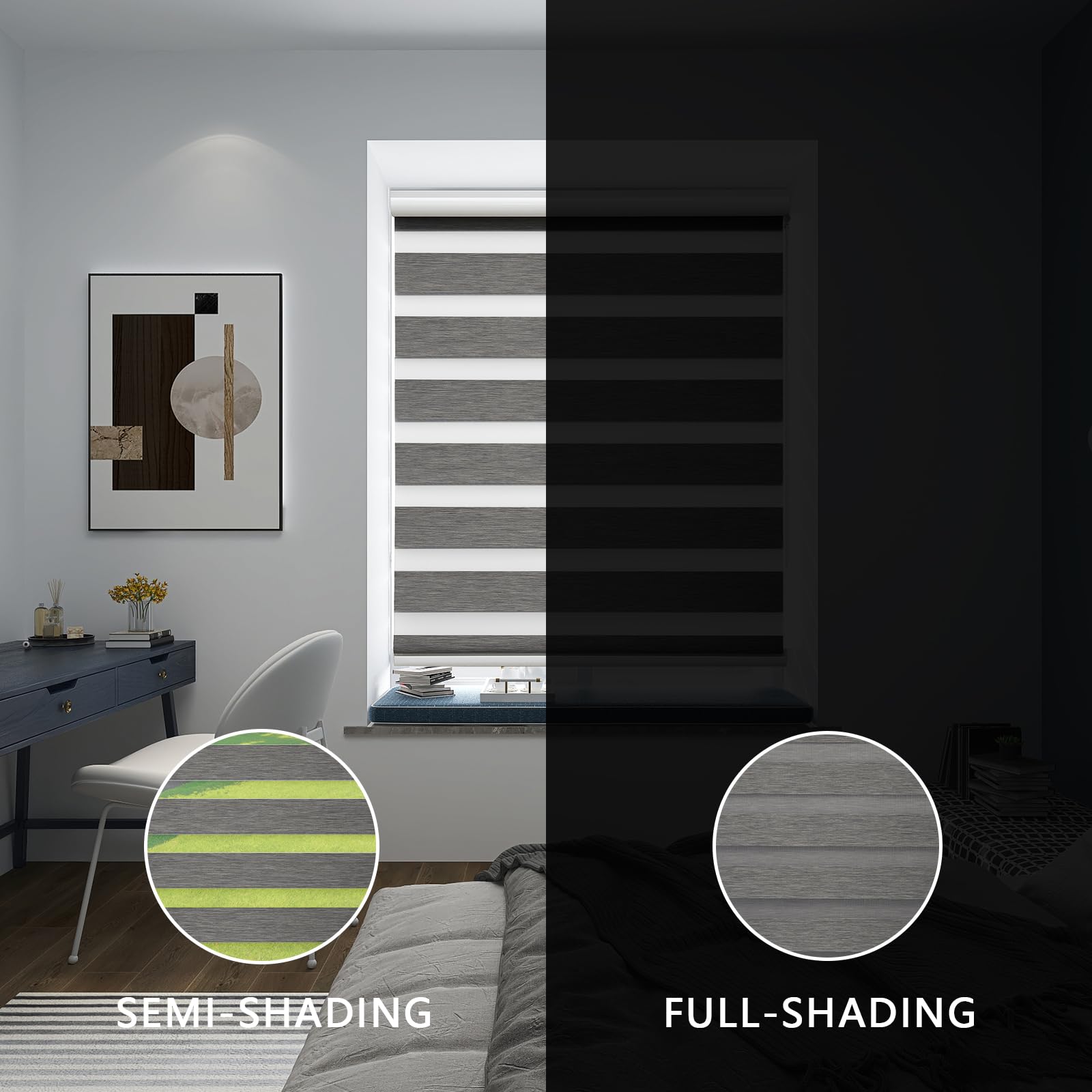 YIIBAII Day and Night Roller Blinds Zebra Blinds Blackout or Translucent Vision Roller Shades for Windows and Doors(W 120cm x L 150cm,Grey) - Image 4