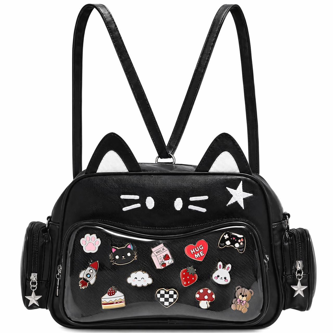 Kawaii Ita-Rucksack mit Katzenohren – Süße Cartoon-Katzen Umhängetasche für Mädchen, Ästhetischer Schulrucksack mit Klarsichtfenster & Pin-Display-Einsatz für Pins, Mehrzweck Tasche (Schwarz)