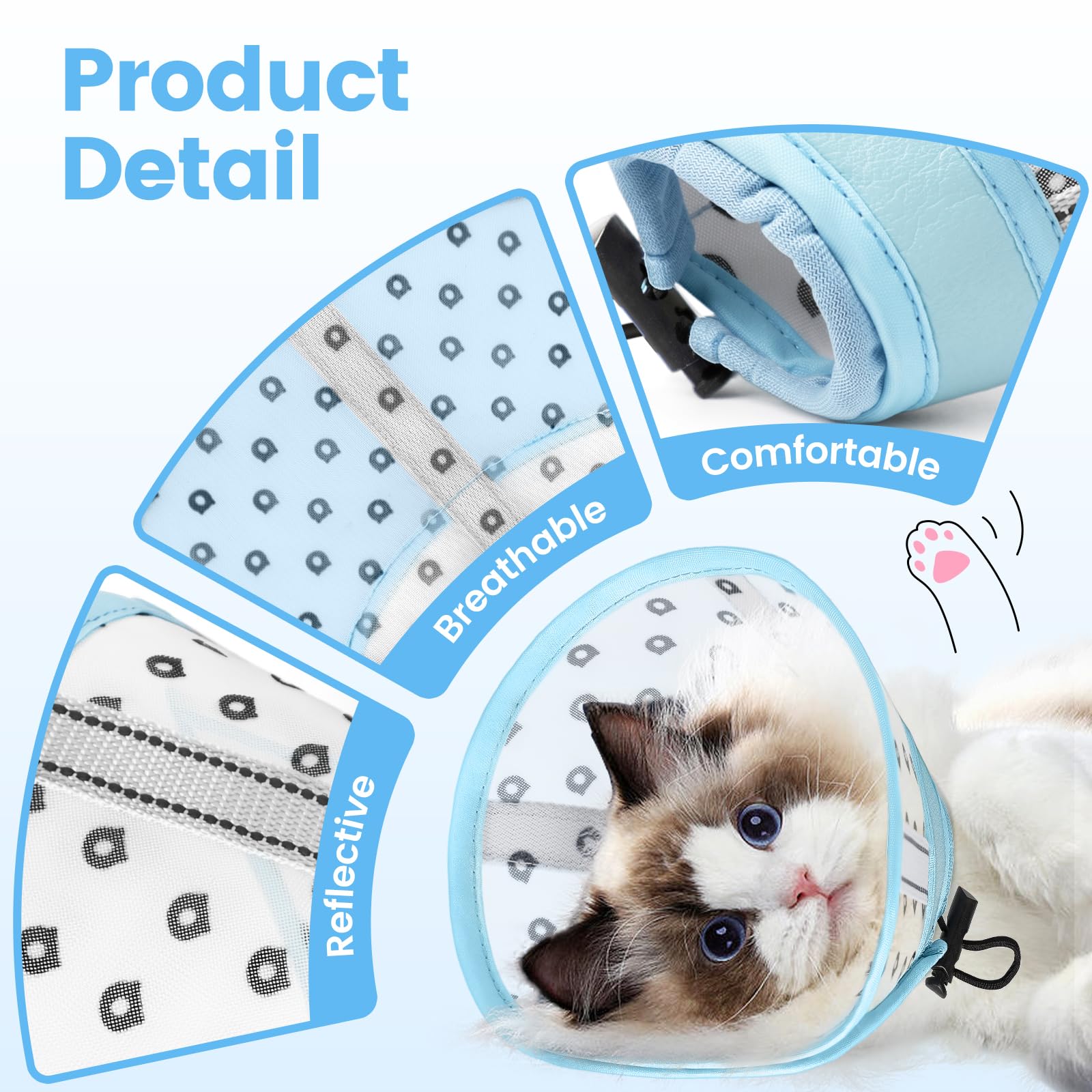 Collerette Chat Anti Léchage et Anti Grattage, Souple en Tissu Respirant, Ajustable, M, Maille Bleu