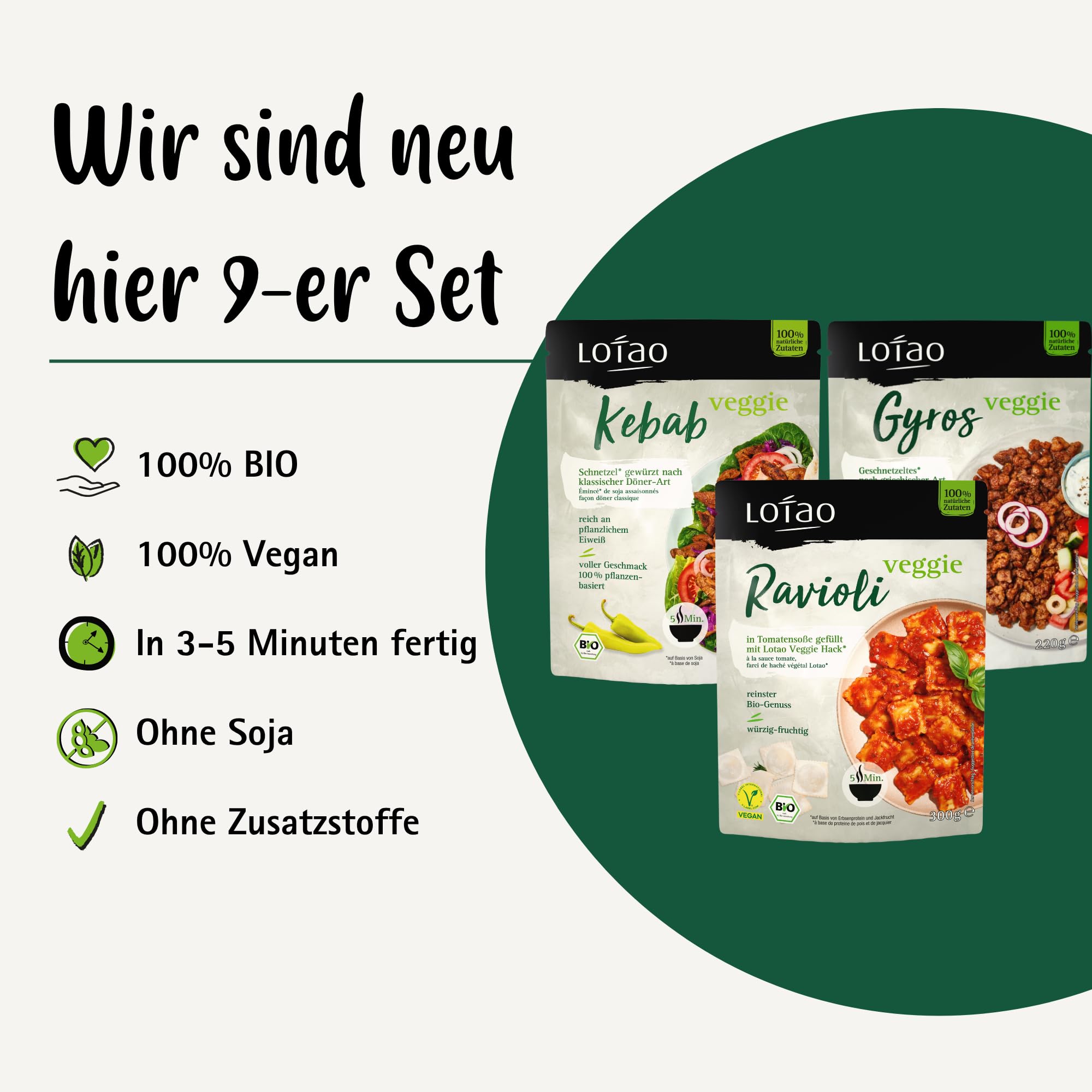 Lotao Veggie Mix Bundle 9x | Bio & Vegan | Ravioli, Gyros & Kebab | Pflanzliche Fleischalternativen & Fertiggericht | Proteinreich, schnell zubereitet & vielseitig