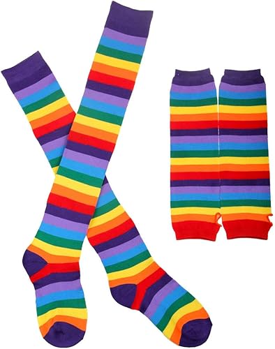 Vista 2 de Conjunto de calcetines de arco iris para mujer, a rayas, hasta la rodilla, calentador de brazos, guantes sin dedos