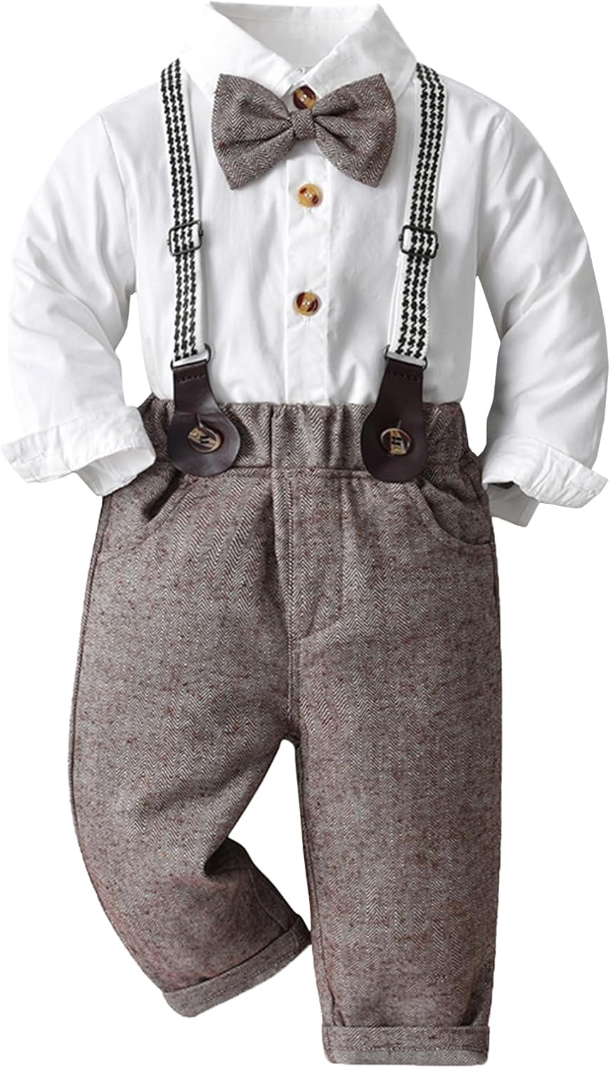 Baby Boys Gentleman Suit Kids Formal Outfits Set Shirt+Bowtie+Suspender Pant Suit with Detachable Suspenders