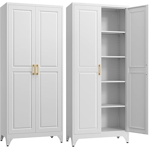 SteeLoong Kitchen Pantry Cabinet,75”White Metal Storage Cabinets with Doors and 4 Adjustable Shelves,Kitchen Cabinet with 2 Gold Handles,Tall Cabinet for Livingroom,Pantry, Bathroom