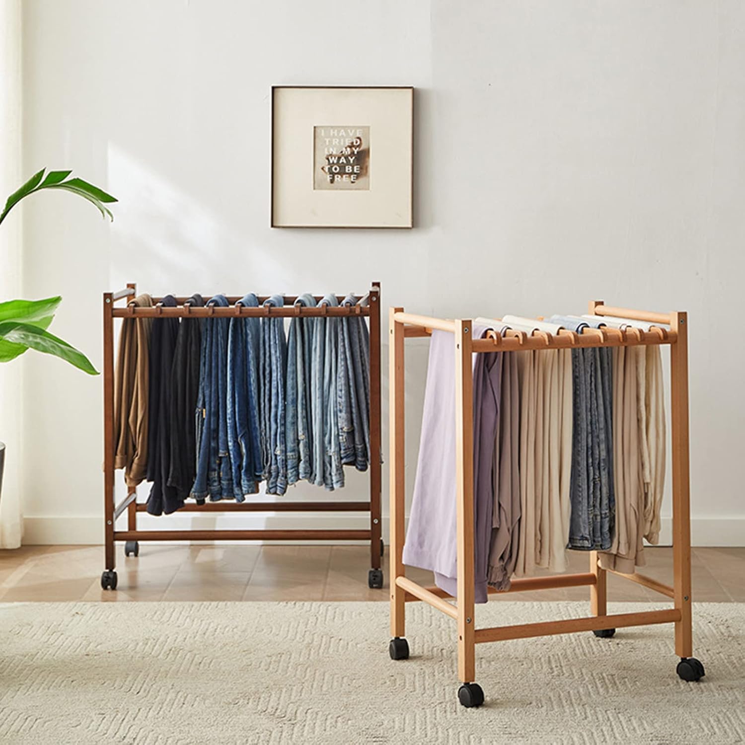 Trousers Hangers, Multi-Bar Solid Wood Pants Hanger Wrinkle Free Hangers for Trousers with Universal Wheels, Clothes Rail Heavy Duty for Pants Jeans Scarf Trousers,Wood,70CM 12 Trouser Hooks