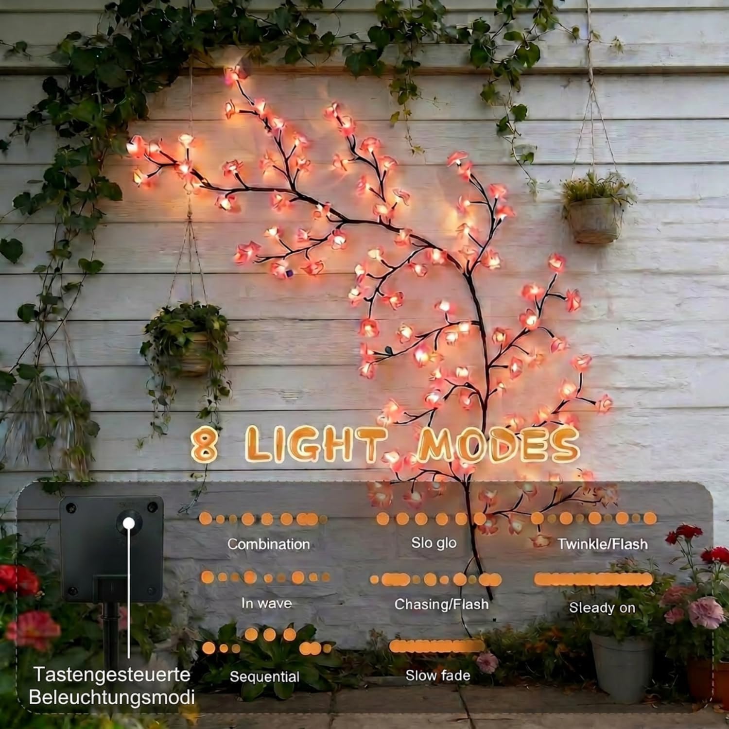 Gresonic Guirlande lumineuse solaire à LED décorative en fleurs de cerisier, Willow Vin, minuterie USB, branches de fleurs de cerisier (144 LED)