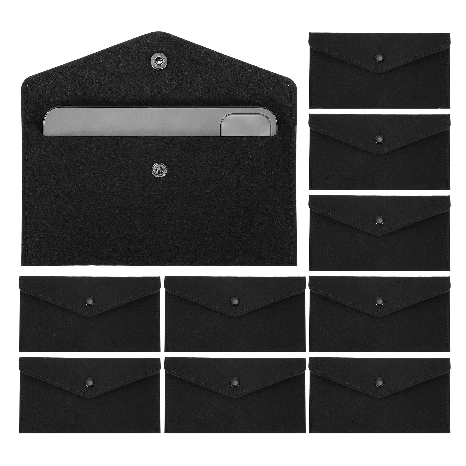 PATIKIL 10Pcs Felt Money Bag, Felt Cellphone Sleeve Case Pouch Cash Bag Button Closure Cash Envelope Wallet Storage Pouch for Card Pen Sunglasses, Black