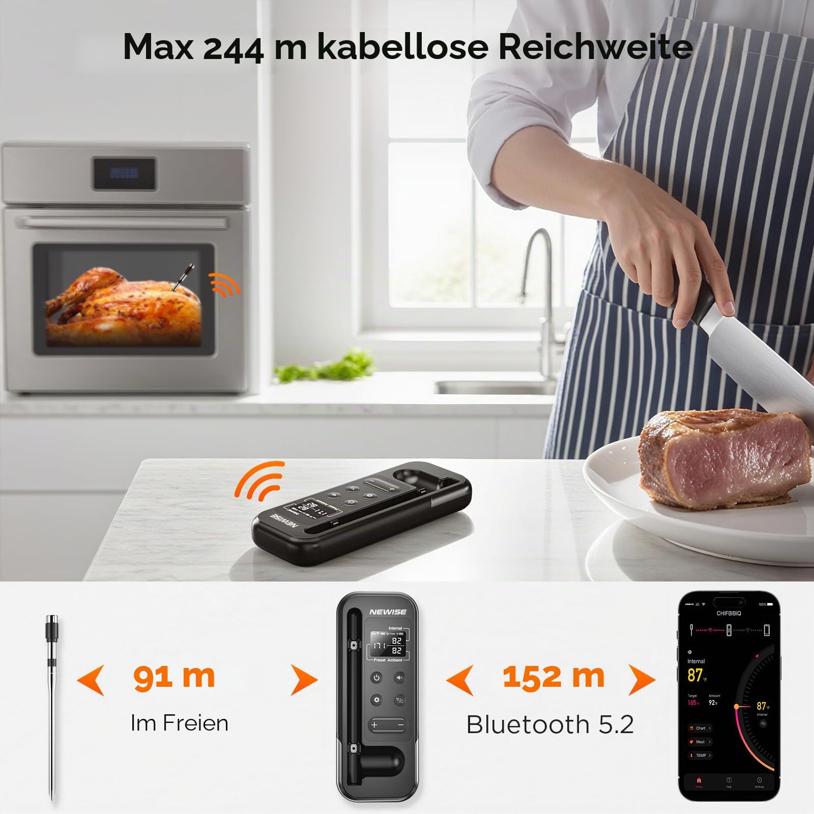 Newise Bluetooth-Fleischthermometer mit Smart-App, 230 m kabellose Reichweite