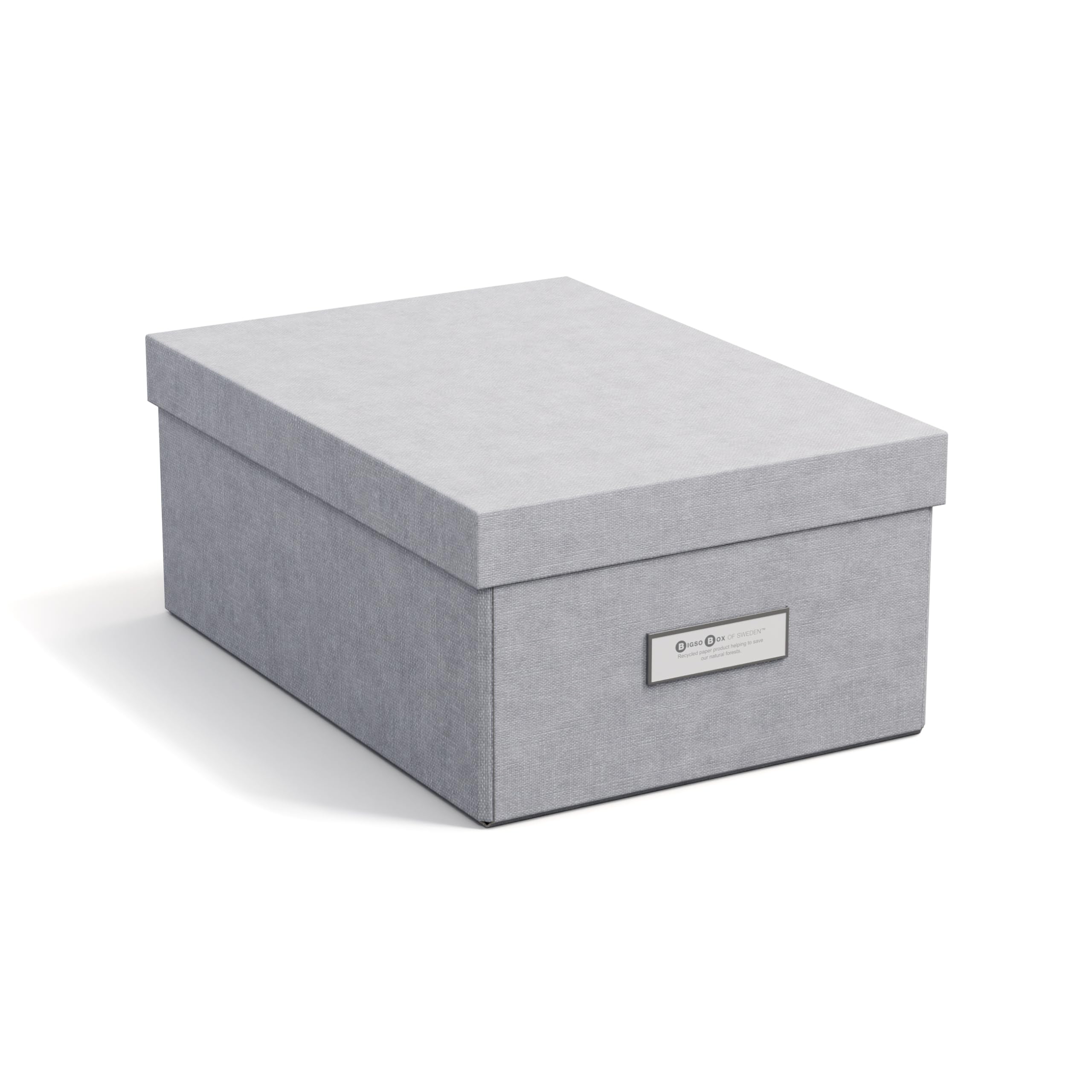 Bigso Box of Sweden KARIN Small Storage Box with Lid - Sturdy Organiser Made of Fibreboard and Paper in Linen Look - Practical Folding Box with Label Frame for Extra Storage Space - Light Grey