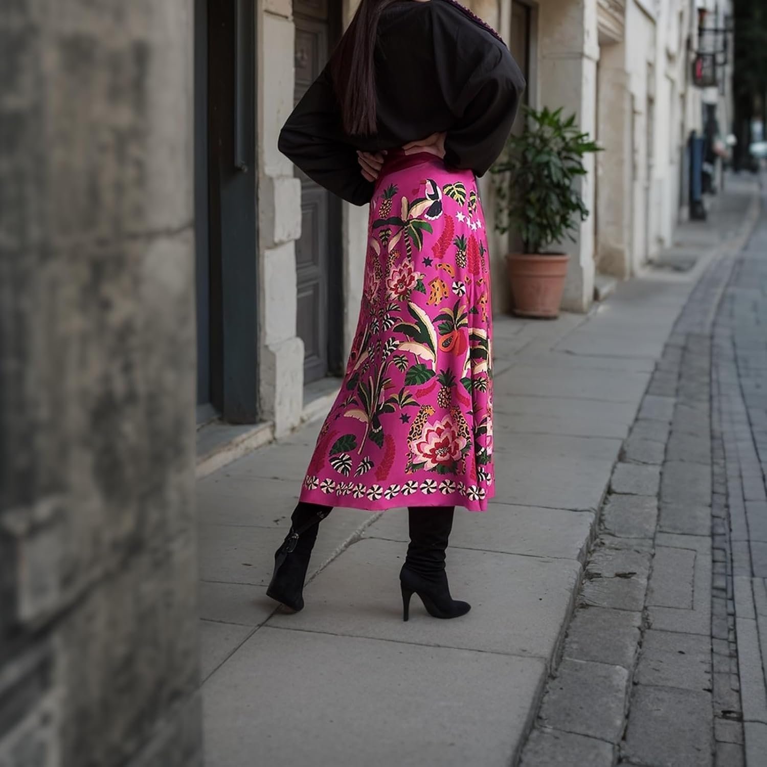 A Line Midi Skirts for Women Floral Satin Boho Wrap Pink High Waist Zipper Spring Summer Skirt - Image 4