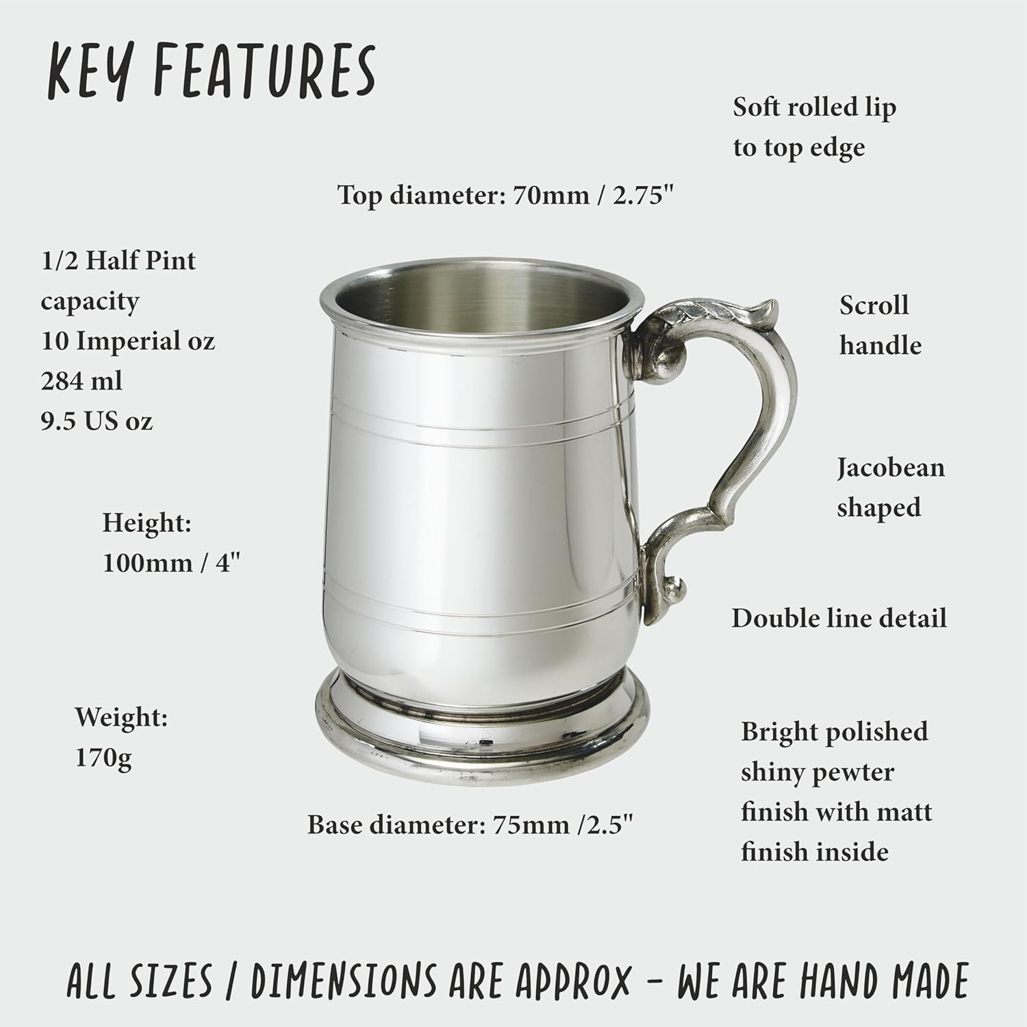 Wentworth Pewter - Half Pint Jacobean Pewter Tankard, Beer Mug