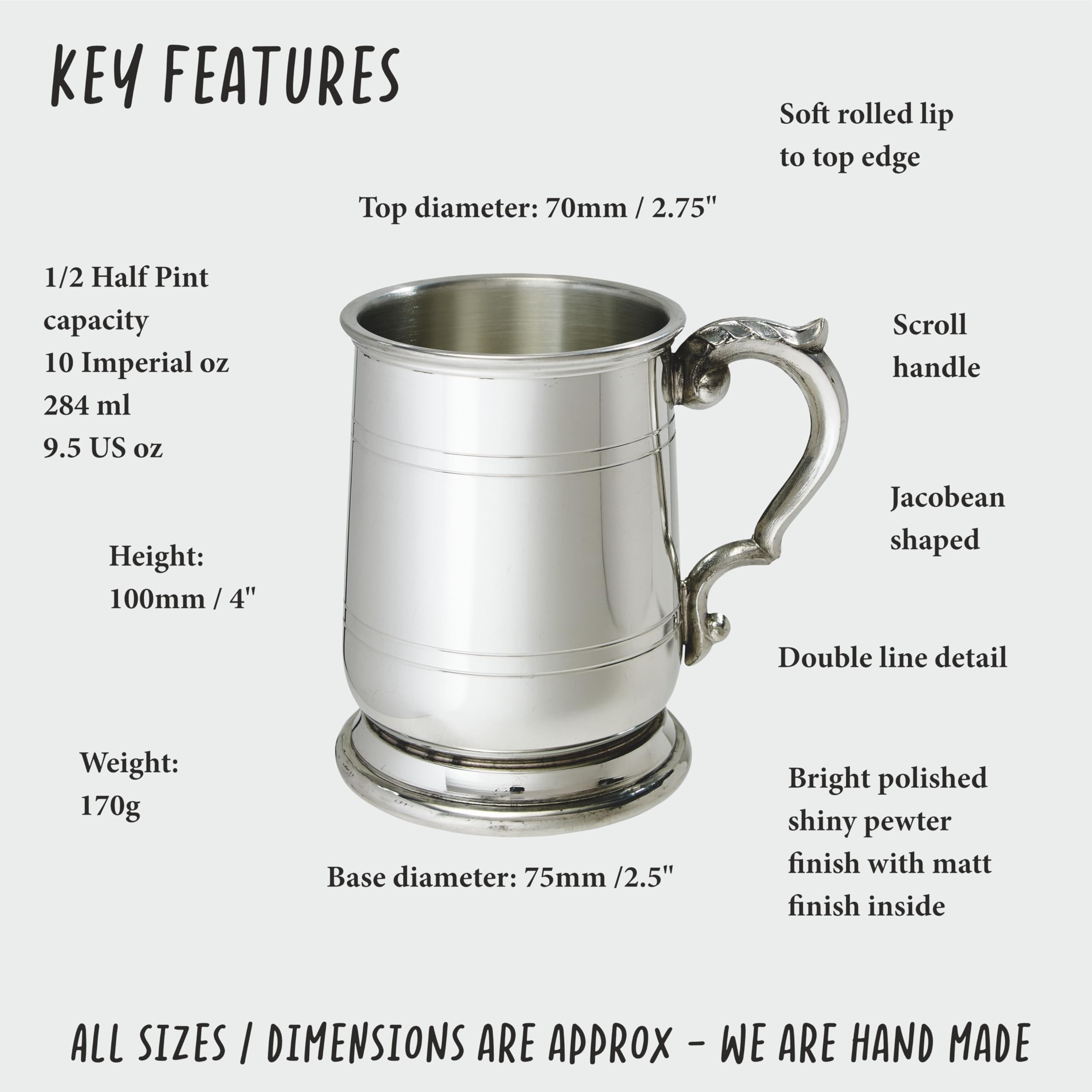 Wentworth Pewter - Chope en étain jacobéen d'une demi-pinte, chope à bière