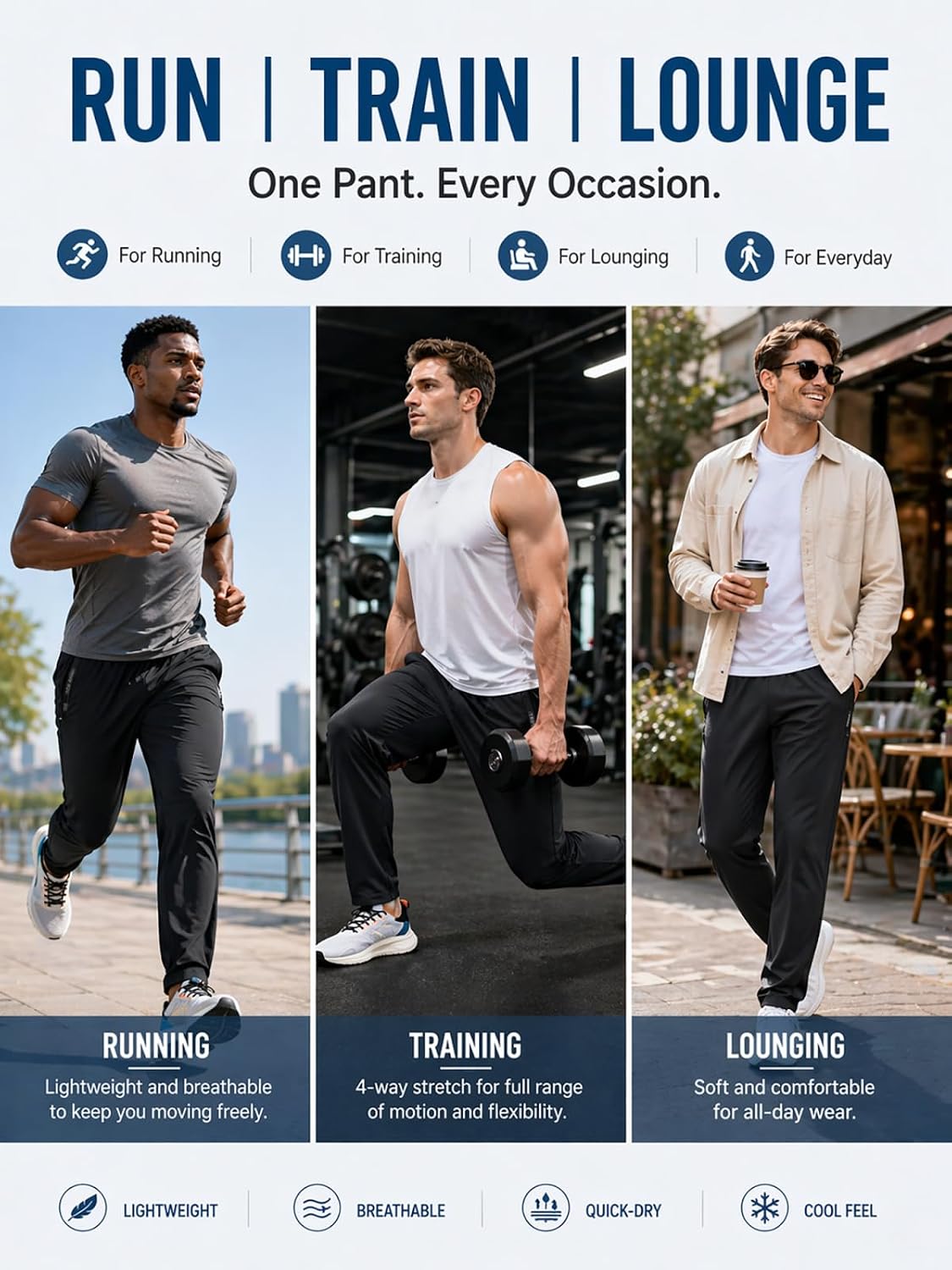 1, 2 or 3 Pack Men's Lightweight Quick Dry Workout Running Gym Sweatpants Stretch Joggers Hiking Pants 2 Zip-Pockets