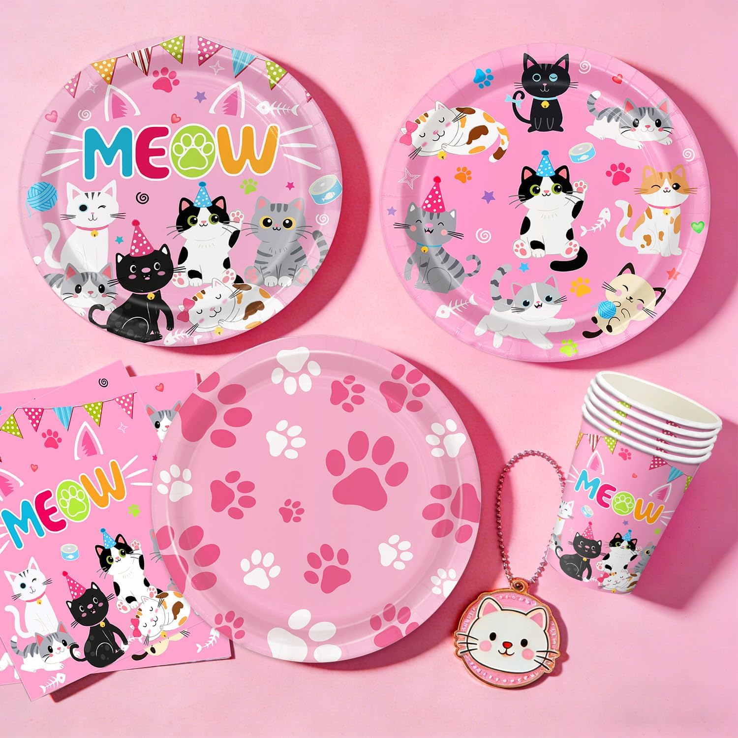 Cat Birthday Decorations Includes Plates, Napkins, Cups, Cutlery, Banner, Honeycomb Centerpiece, Balloons, Tablecloths for Cat Themed Birthday Party Decorations, Serves 20