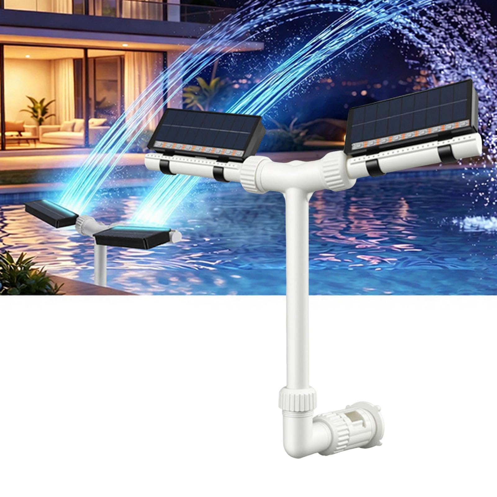 Solar Poolbrunnen mit LED RGB Licht, 18 LED Dual Sprühkopf 360° Einstellbar, 11 Modi Fernbedienung Fernbedienung & App Steuerung, Poolkühler mit Akku & USB Ladefunktion
