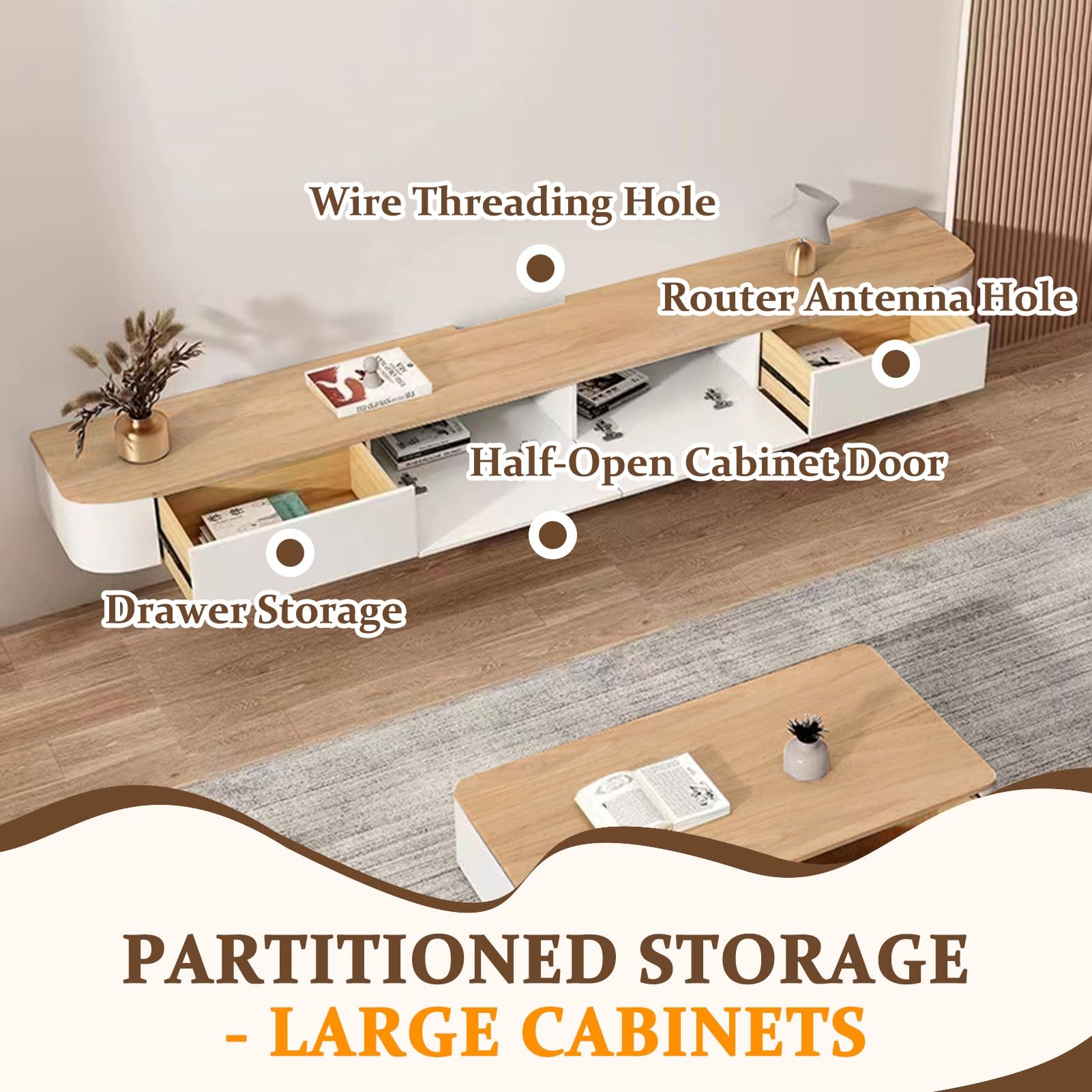 Wall Mounted TV Storage Cabinet With Door Large Storage TV Bench For Living Room & Office Modern Floating TV Unit With Drawer Sleek TV Cabinet For Apartments(White,180cm)