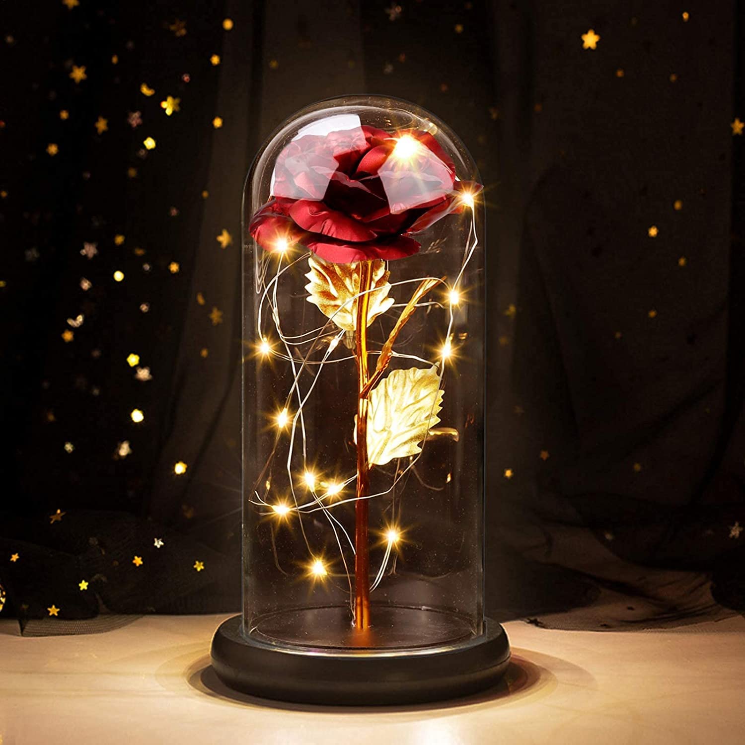 Joyhoop Rosa San Valentin Regalos Mujer, Rosa Sant Jordi Rosa Eterna,Rosa Bella y Bestia Rosa de Cristal con Base Pino Luces LED,San Valentin Regalo Original para Mujer Mama Día de la Madre Cumpleaños