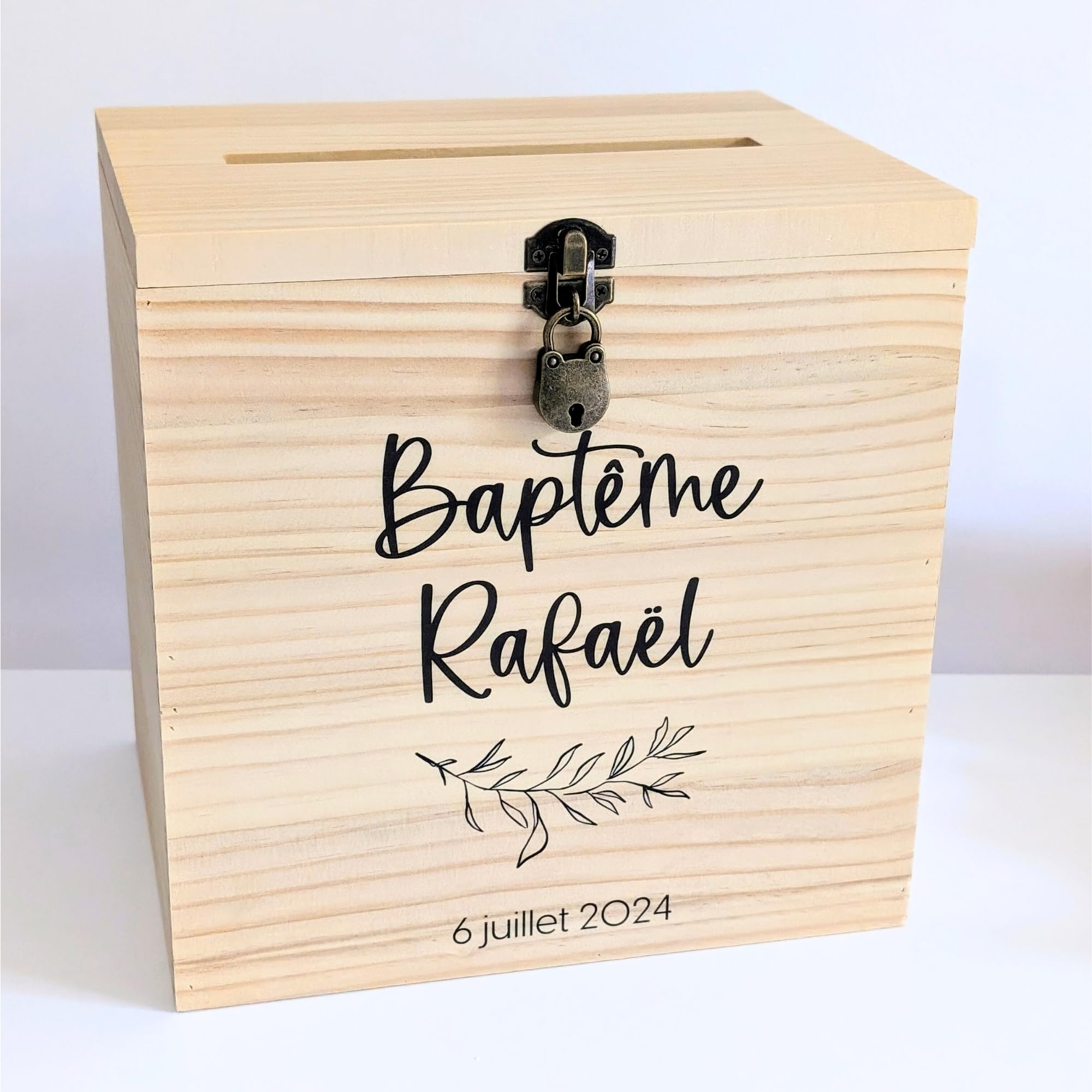 Grande urne baptême personnalisée en Bois avec Cadenas | 25 x 25 x 20 CM | Urne baptême, Communion, Confirmation, Profession de Foi, Baby-Shower, Mariage, Anniversaire | TE Whaka