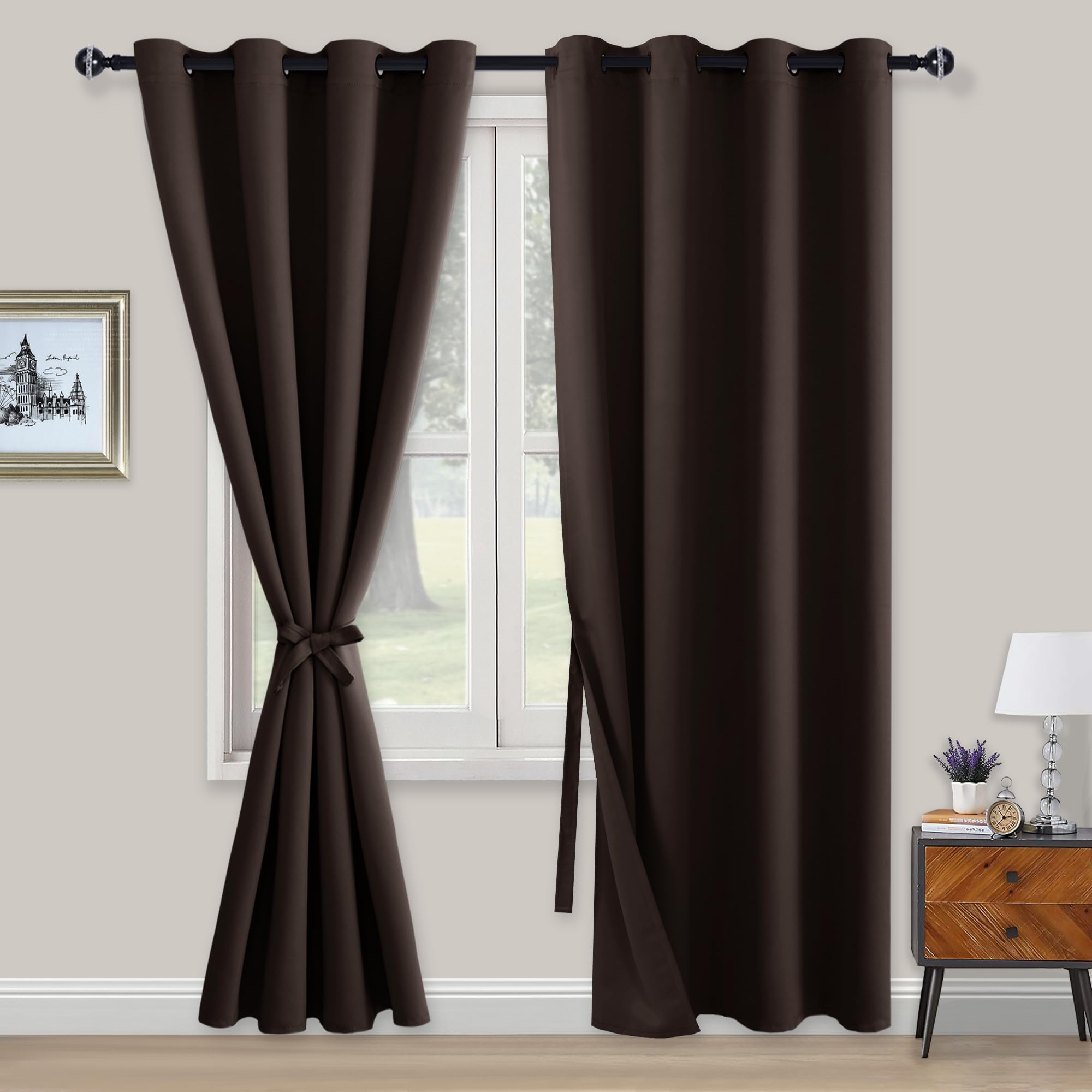 XWZO Blickdichte Vorhänge Verdunklungsvorhänge mit Ösen 2 Stücke Gardienen mit Raffhalter Lichtundurchlässige Vorhänge für Schlafzimmer,WonhzimmerBüro, 214x132 cm, Braun