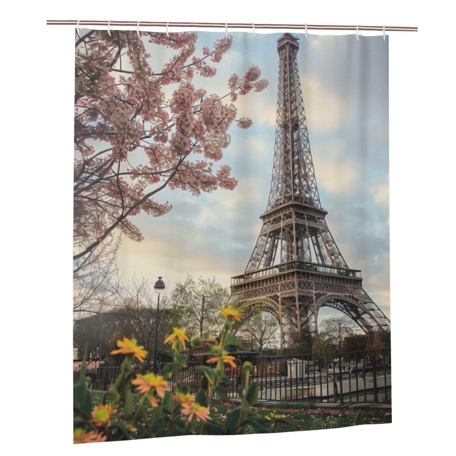 BWWHCCTI Paris Eiffel Tower Flower Printed Shower Curtain With 12 Plastic Hooks Opaque Quick Drying Waterproof Shower Curtains Sets For Bathroom 152x183 Cm