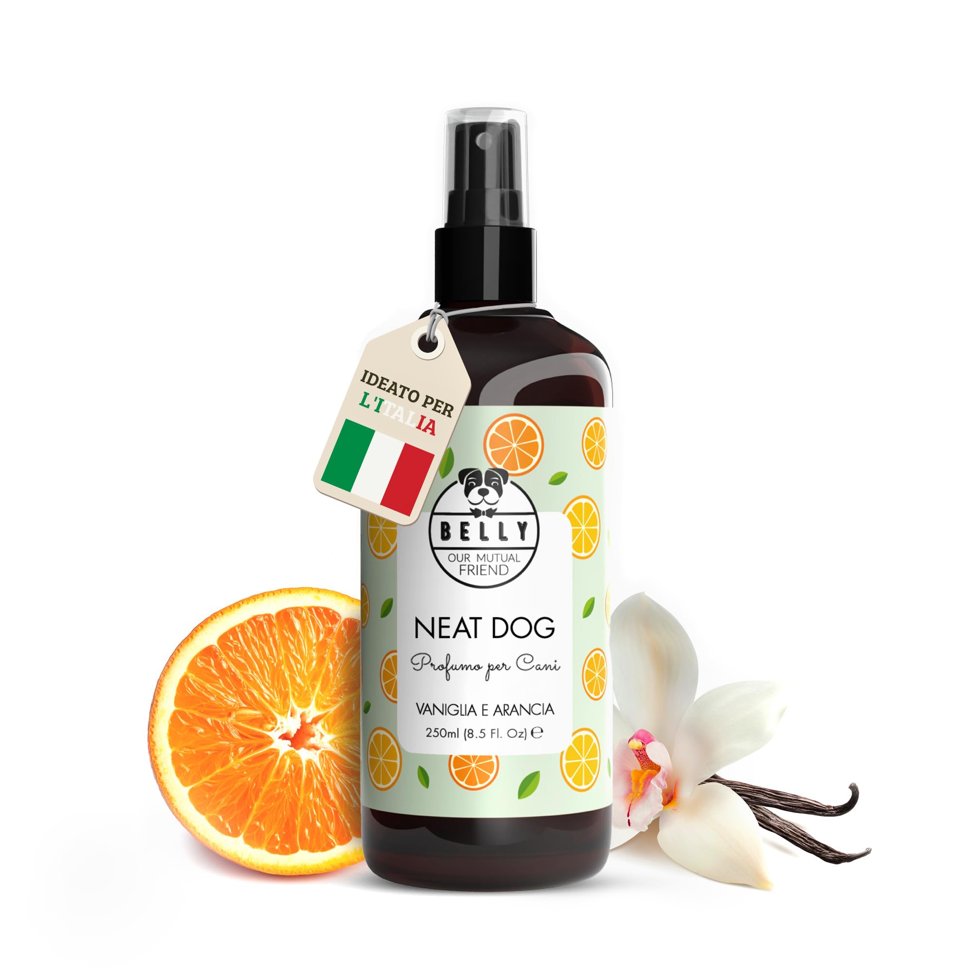 BELLY Profumo per Cani, Vaniglia e Arancia - Profumo Cane Naturale - Spray Deodorante per Cani, Effetto Lunga Durata - Spray per Cani Idratante e Rinfrescante - Prodotti per Cani Vegan, 250 ml