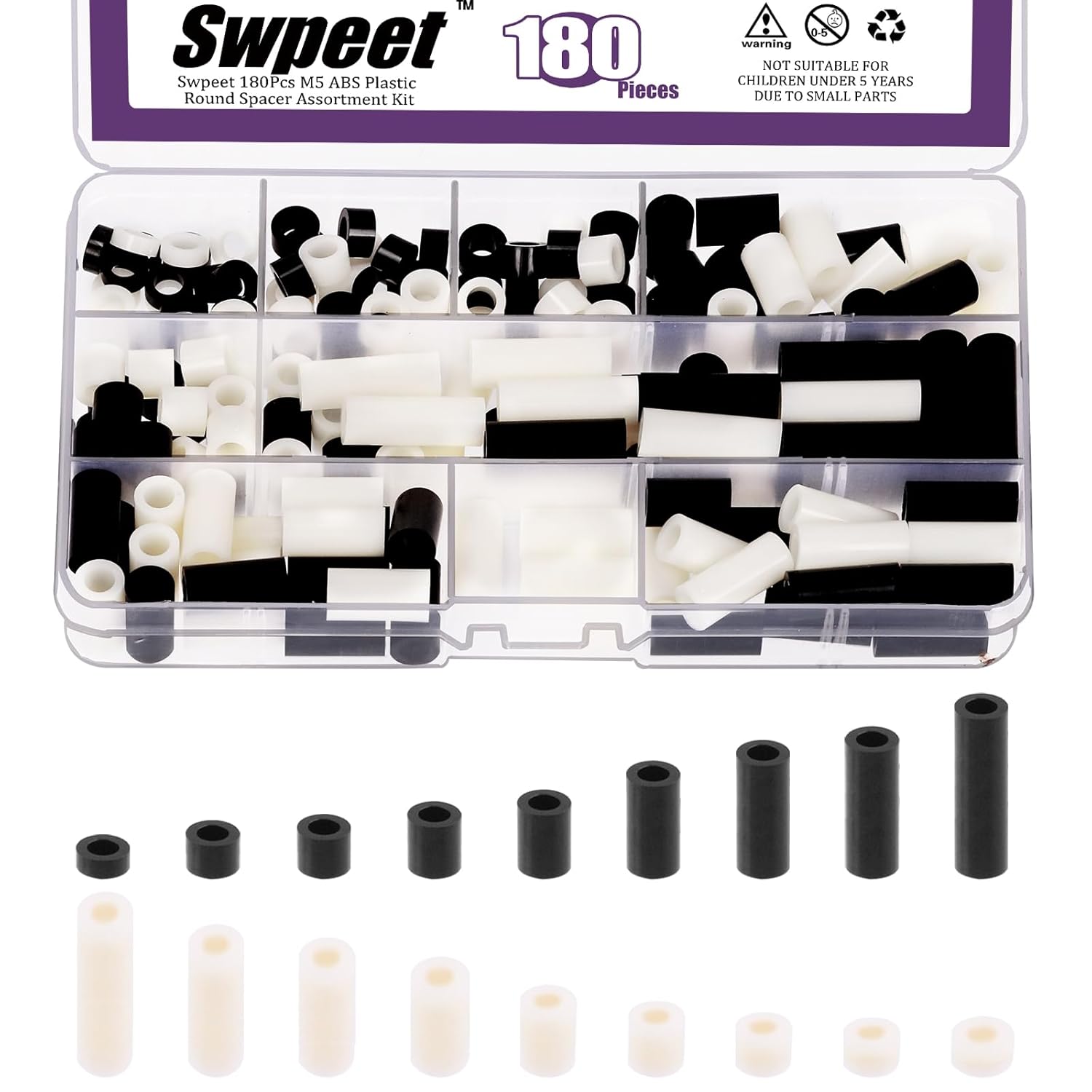 Swpeet 180Pcs Black White Nylon Round Spacer Standoff Screw Nut Assortment Kit, Nylon ABS Plastic Standoff ID 4.2mm OD 7mm, Length 3mm 5mm 6mm 8mm 10mm 12mm 18mm 20mm 25mm for M4 Screws Prototyping