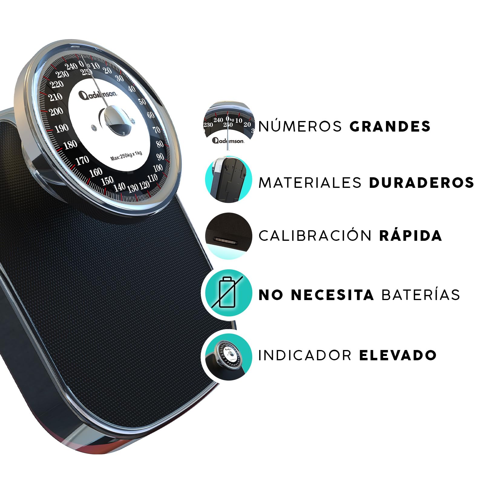 Adamson A28 - Báscula de baño analógica - Hasta 250 kg - Números grandes y base antideslizante - Balanzas para baño de alta precisión - 20 años de garantía - Para casa, dormitorio - NUEVA