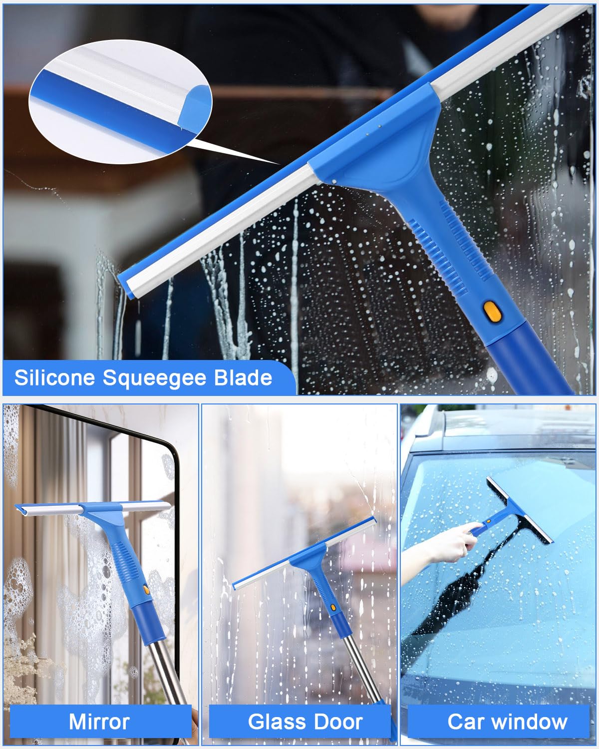 Lavavetri Telescopico Kit con 150cm Manico Telescopico 2 in 1 con Spazzola Lavavetri 37cm e Tergivetro per Finestre in Silicone 35cm per Pulizia Vetri Finestre Interni ed Esterni