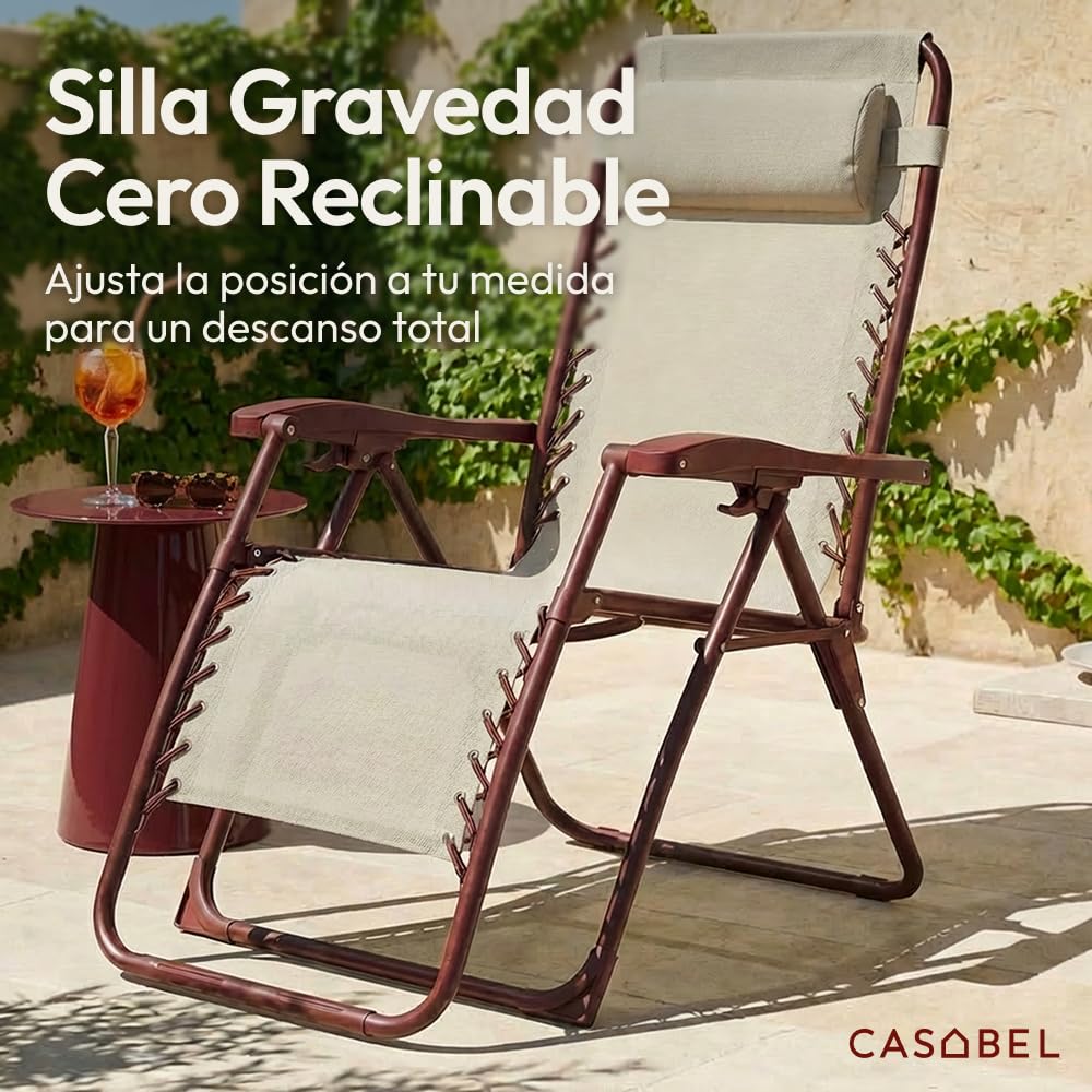 CASABEL Silla Plegable de Gravedad Cero, Terracota | Reclinable, posición de gravedad cero, confort óptimo, textilene transpirable, acero anticorrosión, cojín repelente al agua