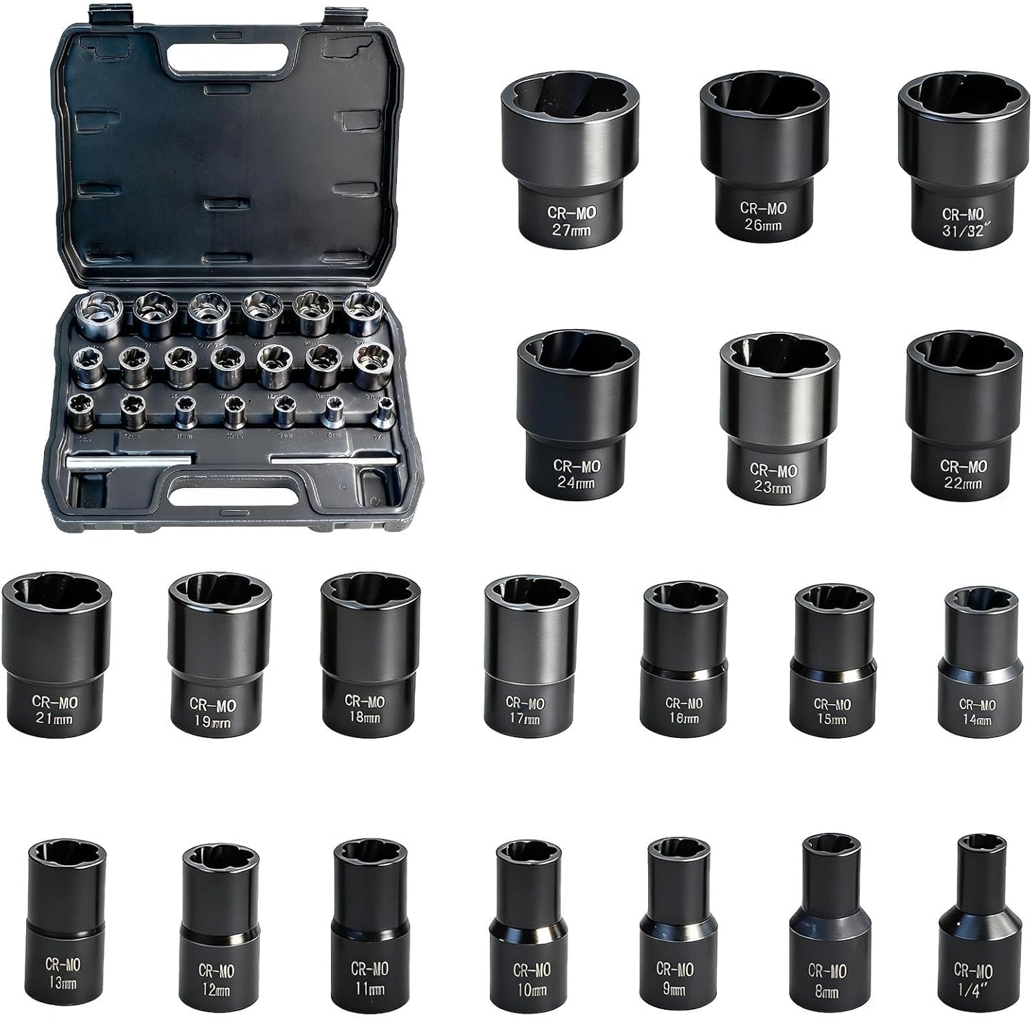 22Pcs Bolt Nut Extractor Kit, 1/2" & 3/8" Drive Extractor Socket Set, Impact Lug Nut Remover Tool Wheel Lock Removal Kit for Stripped Damaged Frozen Nuts and Screws with Storage Case