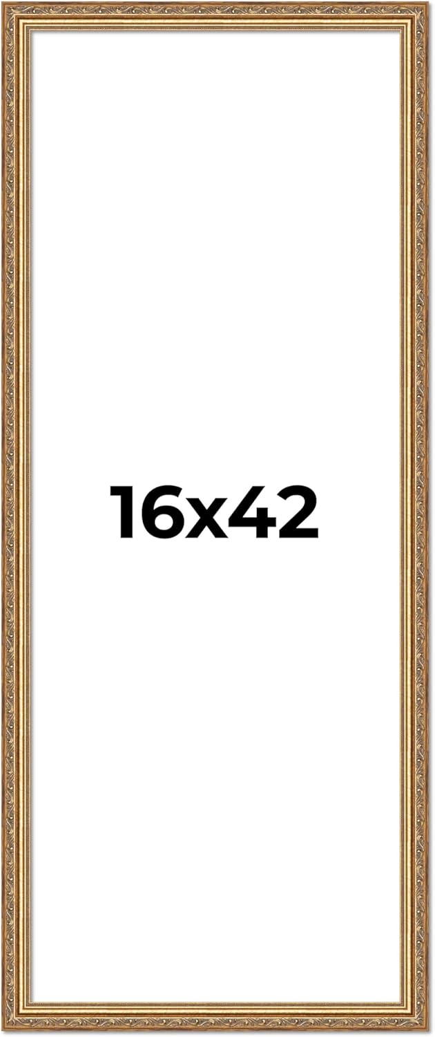 16x42 Frame Gold Solid Wood Picture Frame Width 1.25 Inches | Interior Frame Depth 0.375 Inches | Warwick Metallic Photo Frame Complete with UV Acrylic, Foam Board Backing & Hanging Hardware