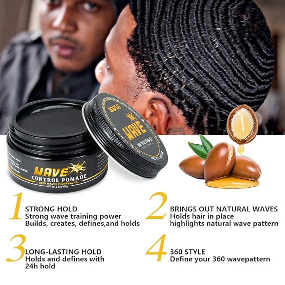 Wave Pomade for Men Strong Hold Easy Wash 360 Wave Training Hair Cream, Waves Grease for Men Promotes Layered Waves, Moisture, Control and Silky Shine, Wave Kit Curved Medium Waves Brush Silky Durag