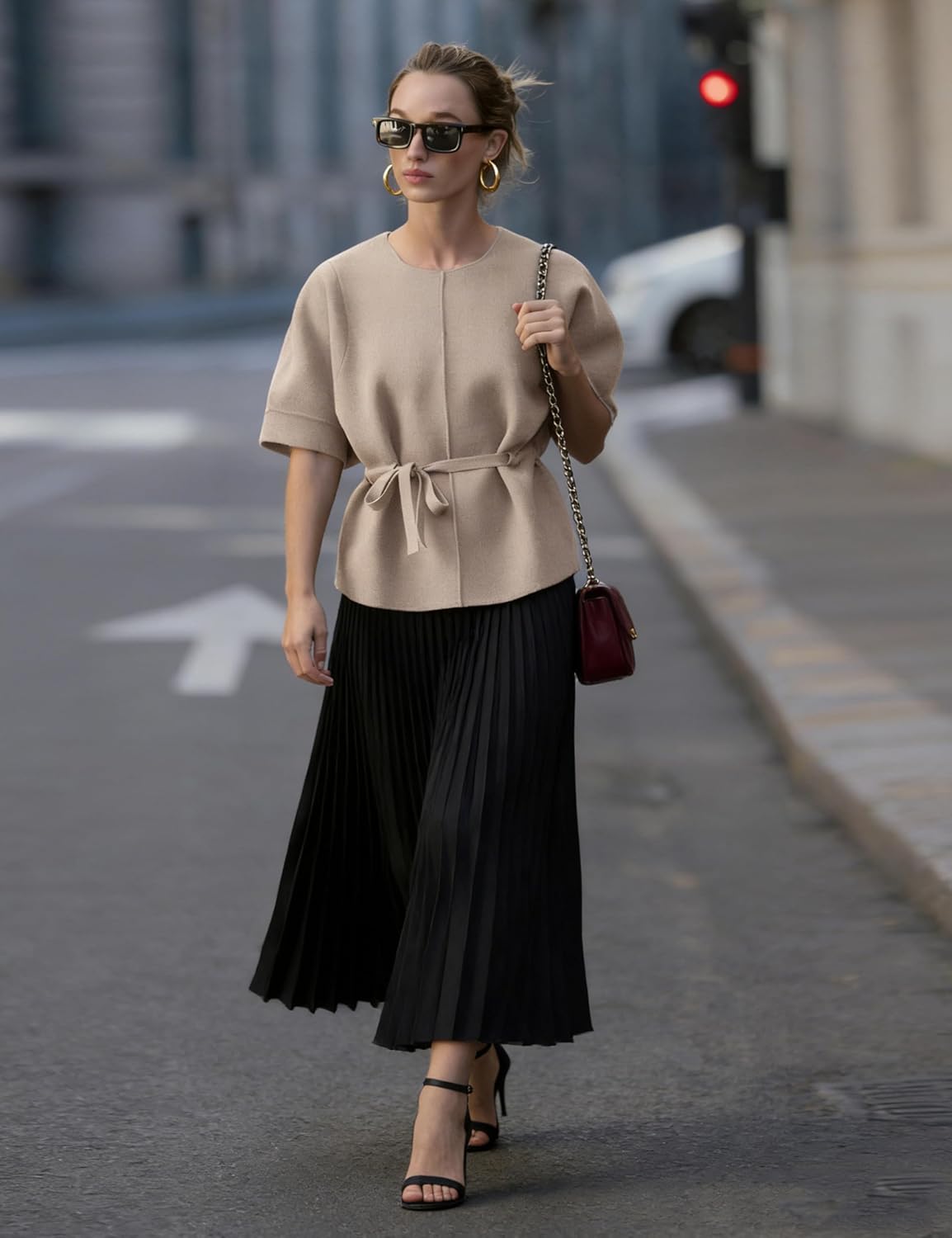 Zhiyouni Women's Short Sleeves Sweater Round Neck Belted Knit Peplum Tops Jumper Pullover