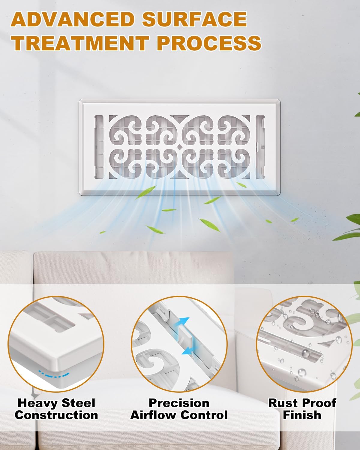 4x10 Floor Register Vent Cover – Heavy Duty Walkable Air Vent Covers for Home Floor & Wall - Decorative White Thicker Metal HVAC Floor Vents with Adjustable Airflow Lever - 5 Pack - Scroll Design
