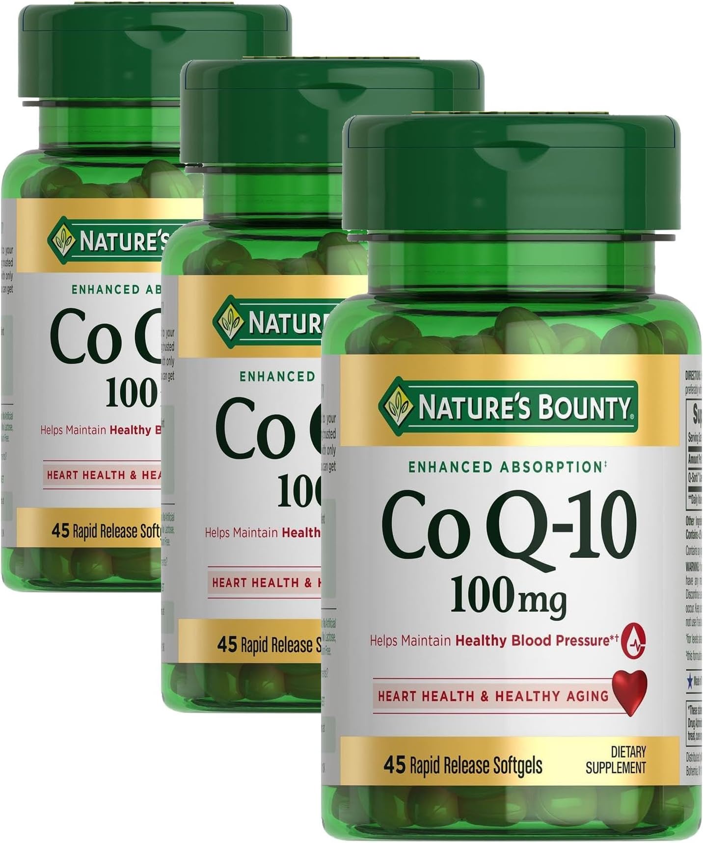Nature's Bounty CoQ10 100mg for Heart Health Support, Non-GMO Q-Sorb Coenzyme Q-10 Antioxidant Support and Cardiovascular Wellness, Dietary Supplement, Rapid Release Softgels, 45 ct (Pack of 3)