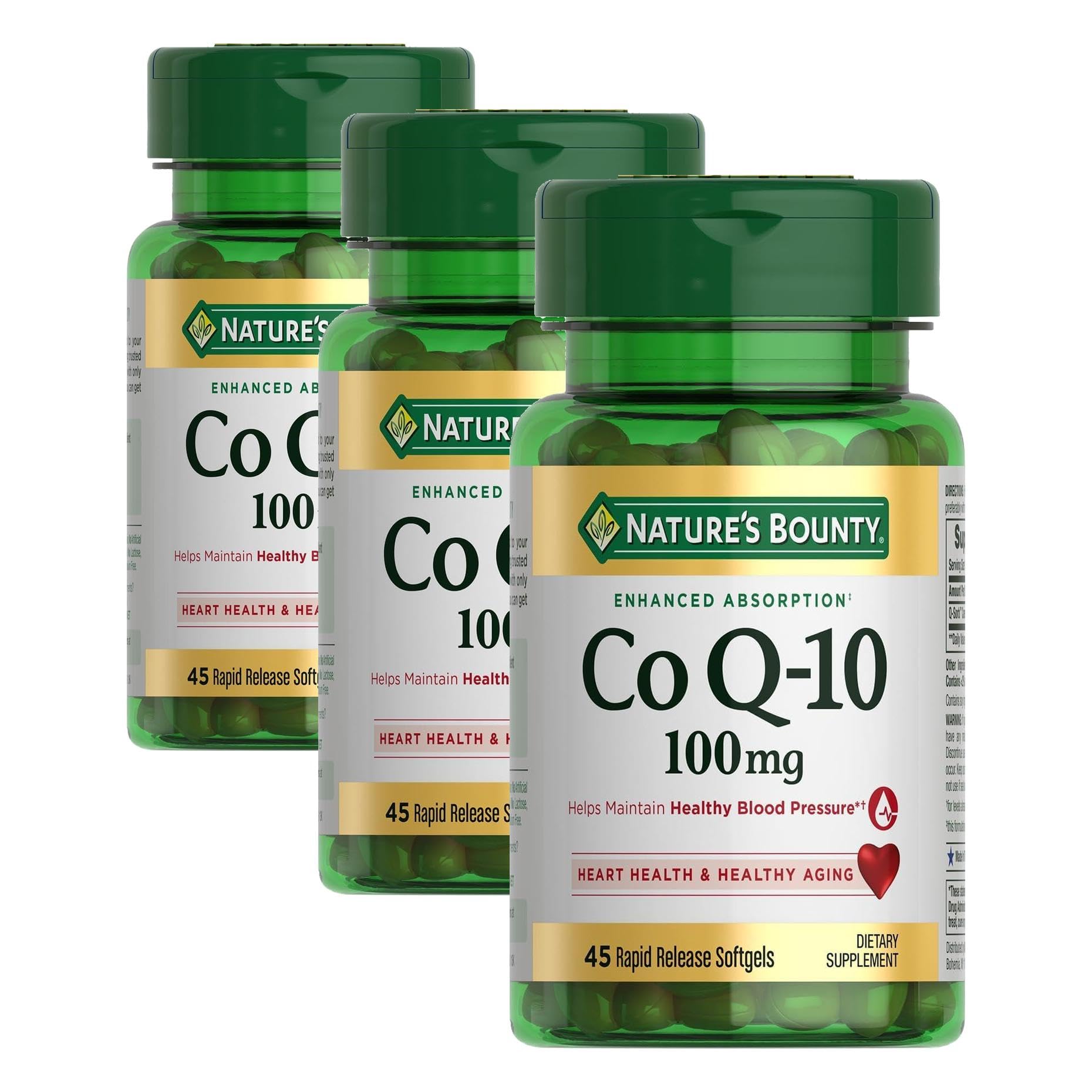 Nature's Bounty CoQ10 100mg for Heart Health Support, Non-GMO Q-Sorb Coenzyme Q-10 Antioxidant Support and Cardiovascular Wellness, Dietary Supplement, Rapid Release Softgels, 45 ct (Pack of 3)