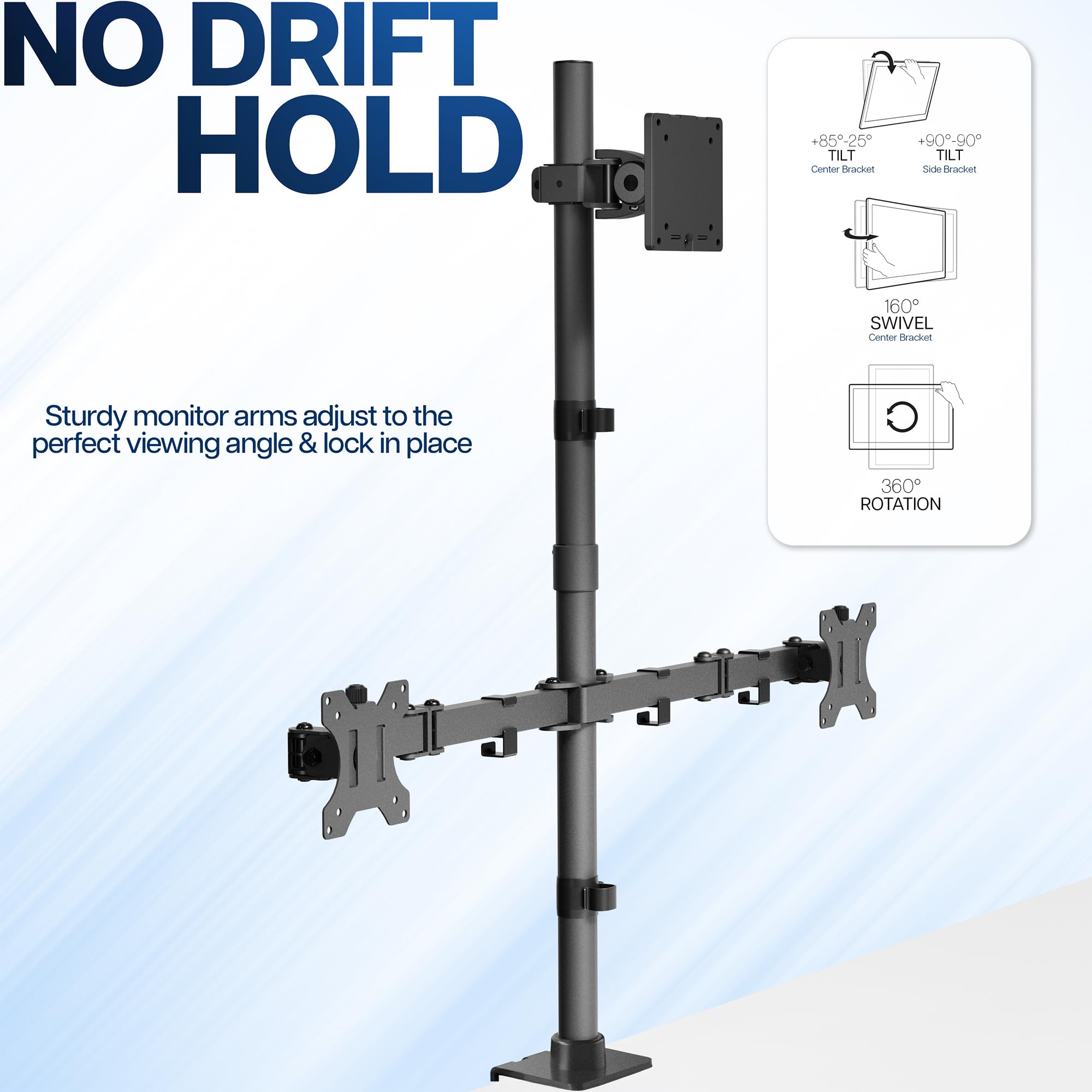 Vivo Soporte de Escritorio Extra Alto para Monitor Triple para ultraanchos de hasta 49 Pulgadas en el Soporte Central y Pantallas de 27 Pulgadas en Soportes Laterales, soporta hasta 44 Libras, Negro