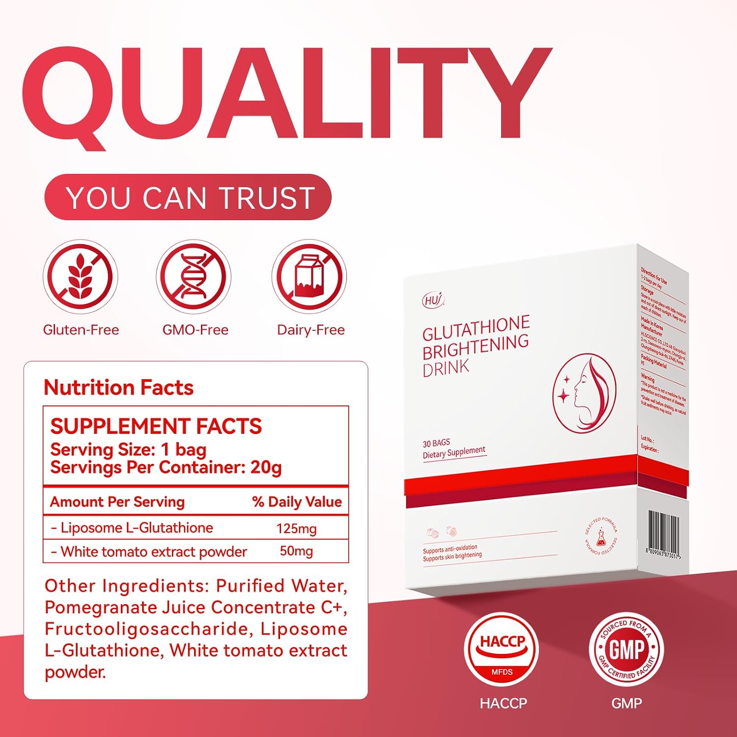 HUJ Glutathione Brightening Drink - Liposomal Liquid Glutathione - Skin Radiance, Metabolic Wellness & Immunity Support - Contains White Tomato Extract & Pomegranate Juice Concentrate - 30 Bags