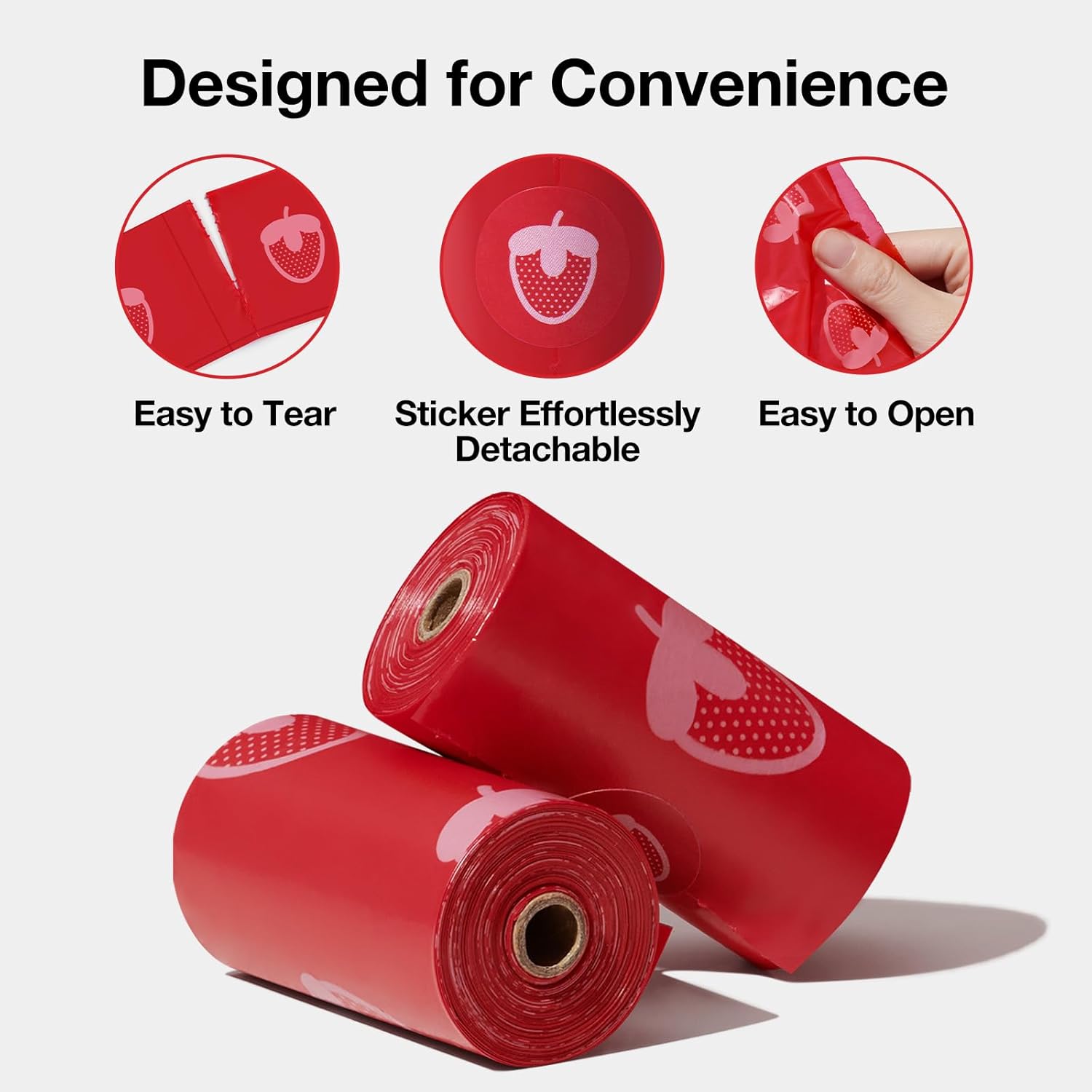 VETRESKA Dog Poop Bag Dispenser with Strawberry Scented Bags, Leak Proof, Extra Thick and Large Pet Waste Bags,1 Count Bag Holder and 645 Bags (43 Refill Rolls) for Walking Dog and Cats Litter, Red
