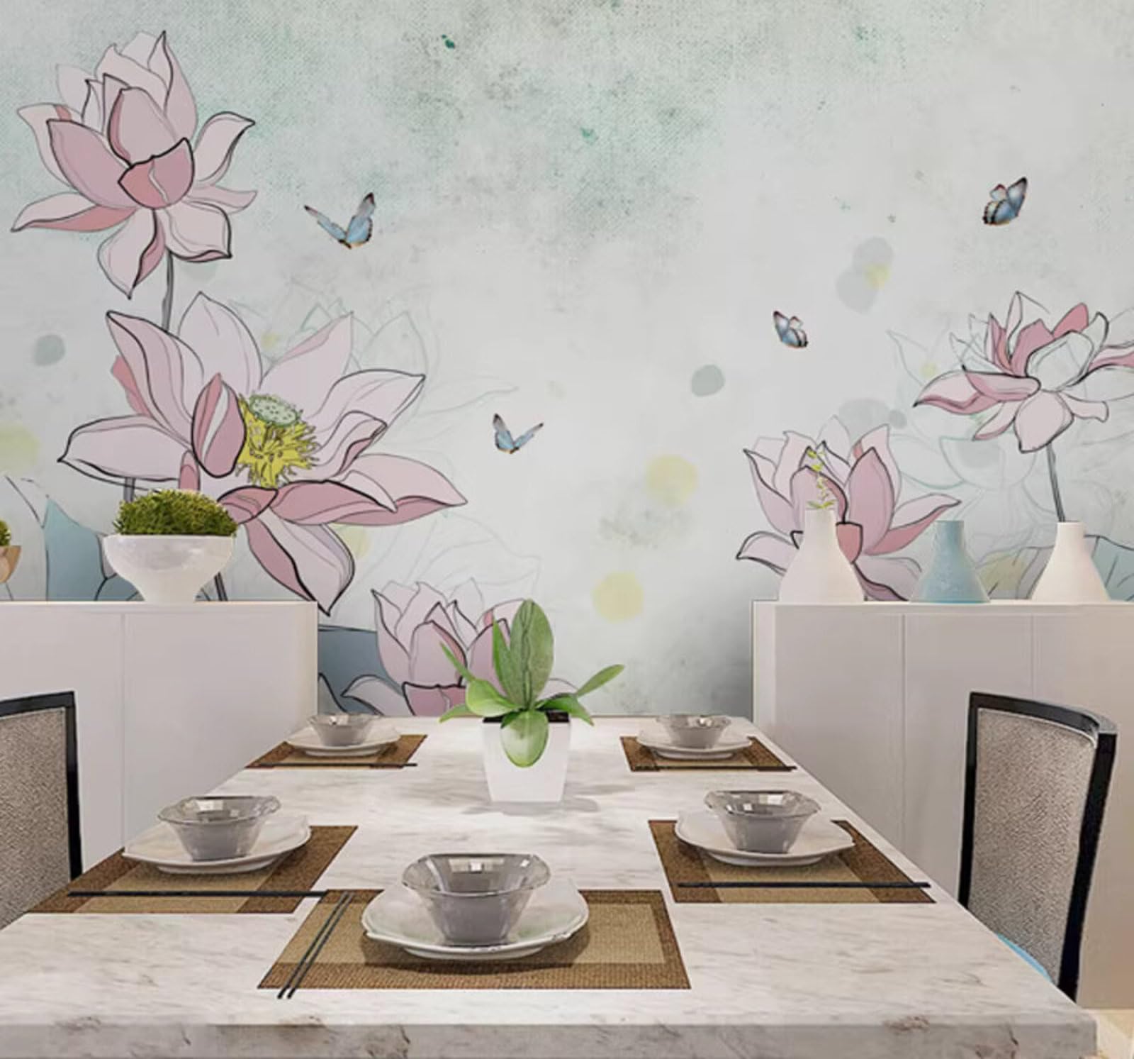 Hand Painted Ink Wash Fine Line Lotus Butterfly 3D Wallpaper Easy Install Feature Office Living Room Sofa Bedroom TV Background Wall Decoration-250cm×170cm