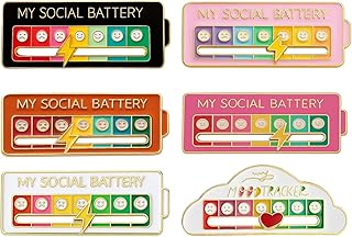6PCS Social Battery Pin, My Social Battery Slider Pin, Set of 6 Zinc Alloy Pins, Black White Orange Pink Rose Pink Cloud Design, 5.5 x 2.2 cm