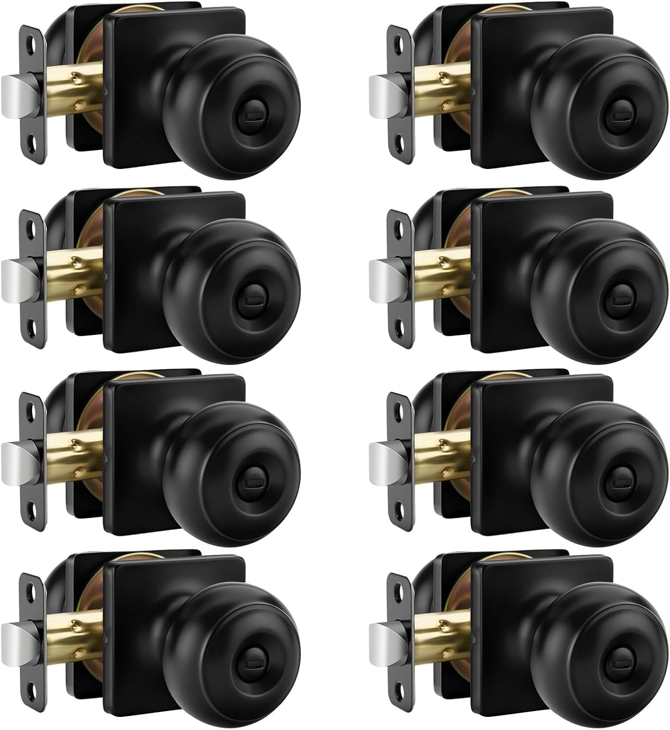 Haidms Matte Black Door Knobs Interior, Square Bedroom Door Knob Bathroom, Black Interior Door Knobs Round Ball with Square Plate Coin Unlock 8 Pack