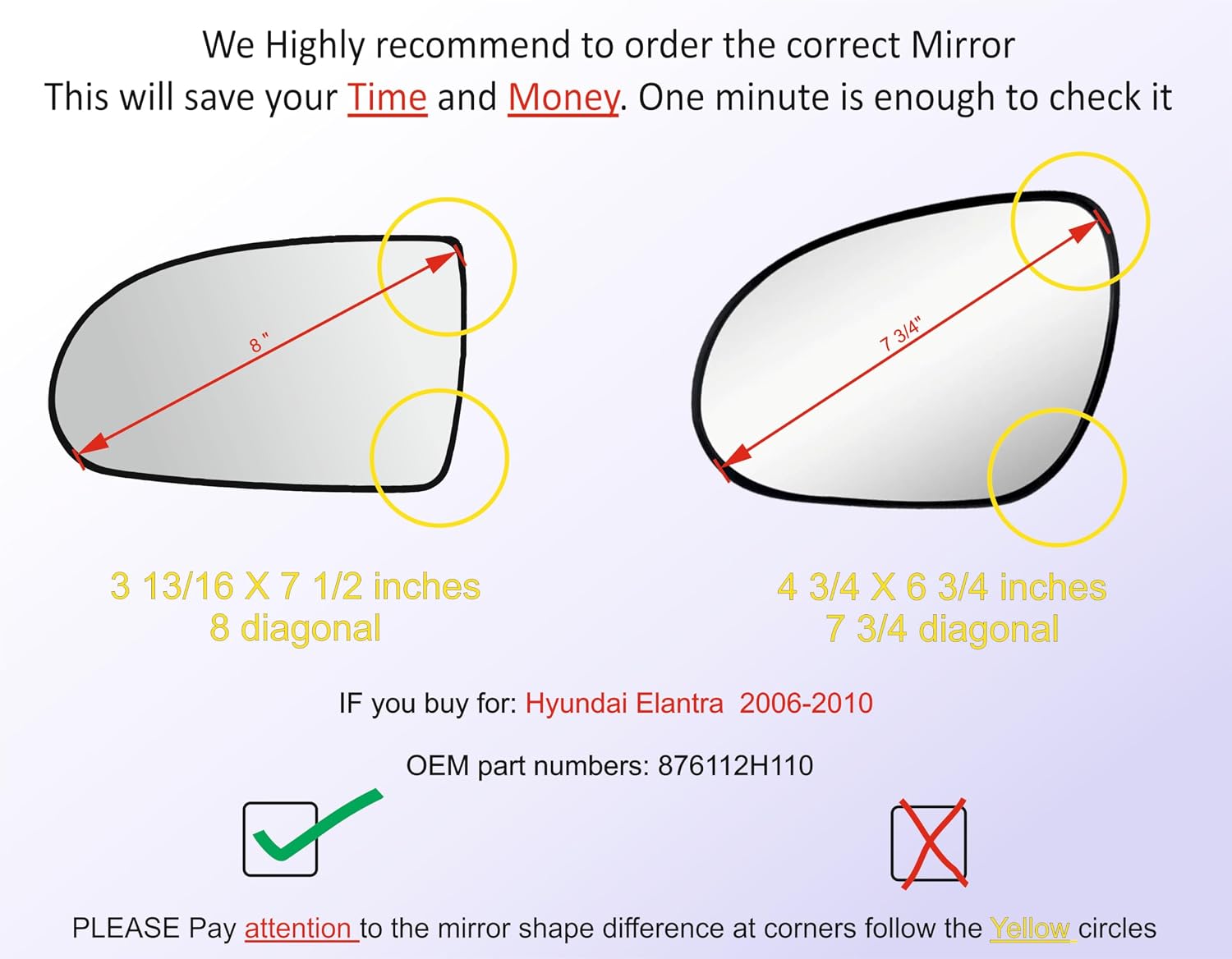 EAP Driver Side Mirror Glass Compatible with Hyundai Elantra 2007-2010 (Doesn't Fit Elantra Touring), Heated, 876112H110