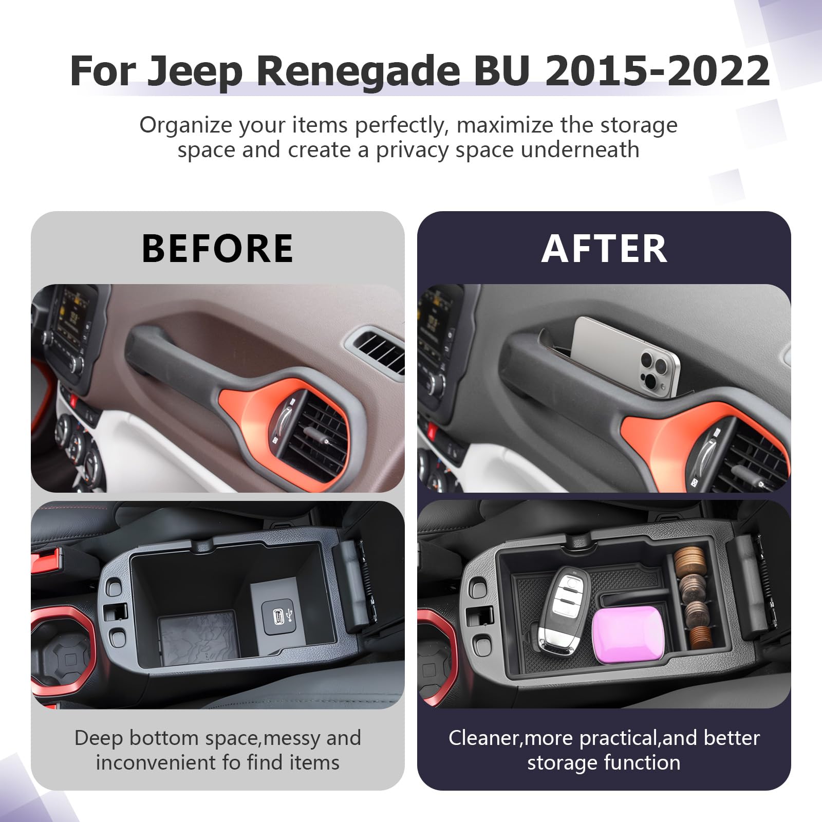 Compatibile con Jeep Renegade BU 2015-2024 2025 Consolle centrale portaoggetti + portaoggetti per portiera auto con tappetino antiscivolo Organizer per vano portaoggetti Renegade BU Accessori