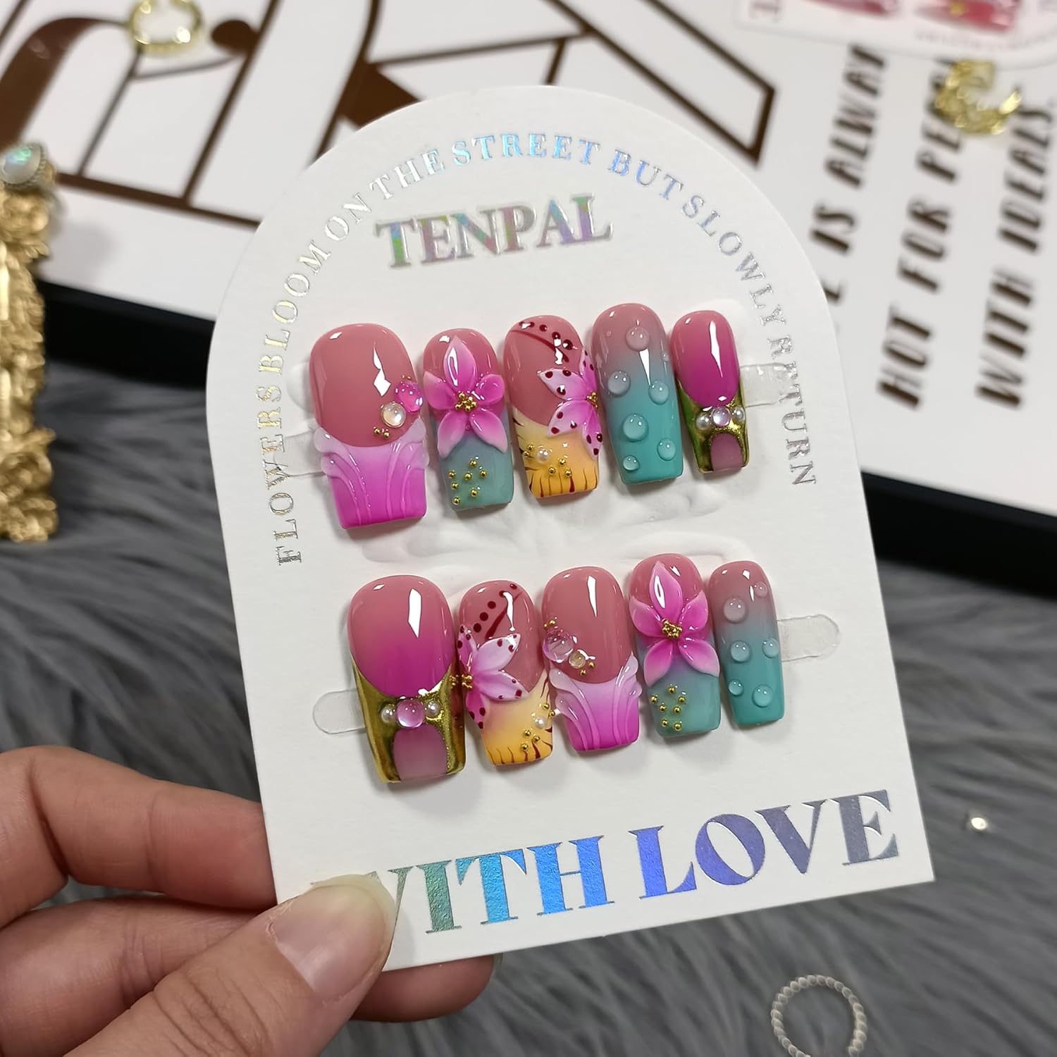 Medium Square Press on Nails - Magenta Navy Blush Ombre 3D Floral Design Y2K Glossy False Nails for Women Girls, Acrylic Soft Gel Handmade Square Nails(S)