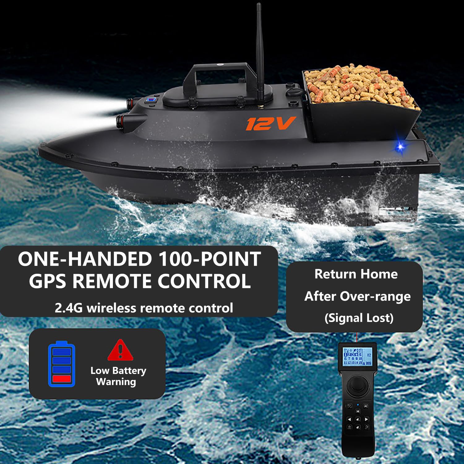 Barco de pesca RC de 12 V y 600 m, con cebo y liberación de cebo/GPS, capacidad de carga de 340 kg, motor dual y dos baterías de 28 000 mAh | Posicionamiento de 100 puntos, ideal para pescadores exp