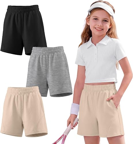 Yooo's Vivi 3 Pack Girls Athletic Shorts with Pocket, 3-Color, 7-8 Years