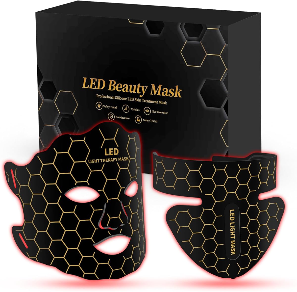 Yahi Red Light Photon Facial &amp; Neck Mask with Remote Control, 7 Custom Modes with Infrared, Portable &amp; Rechargeable with Timer for Home Use, 175 High-Density Light Beads, Black