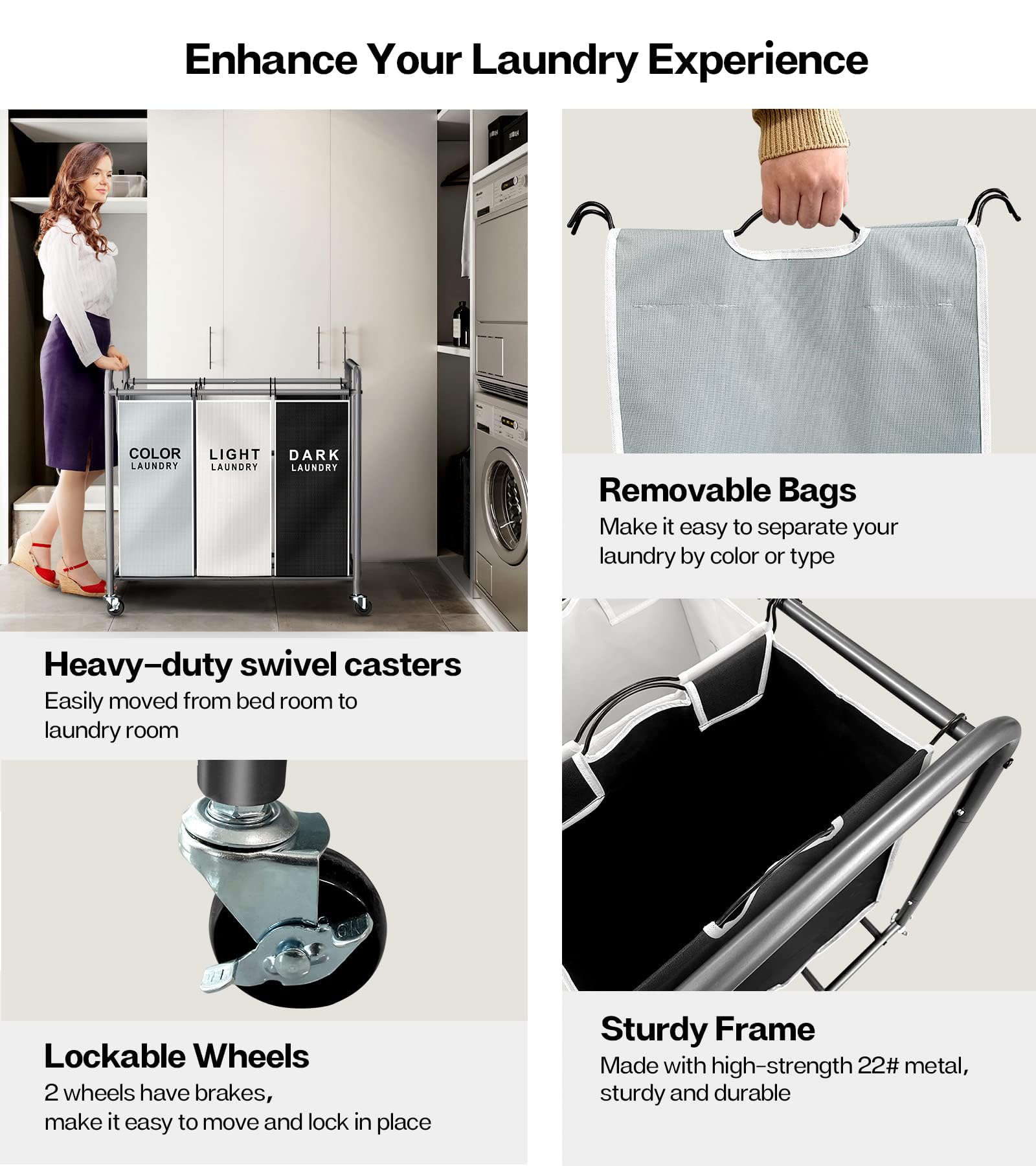 ROMOON Organizador de ropa sucia, cesta de lavandería de 3 secciones con ruedas, cesta de lavandería rodante con gran capacidad y bolsas extraíbles para almacenamiento de ropa, multicolor